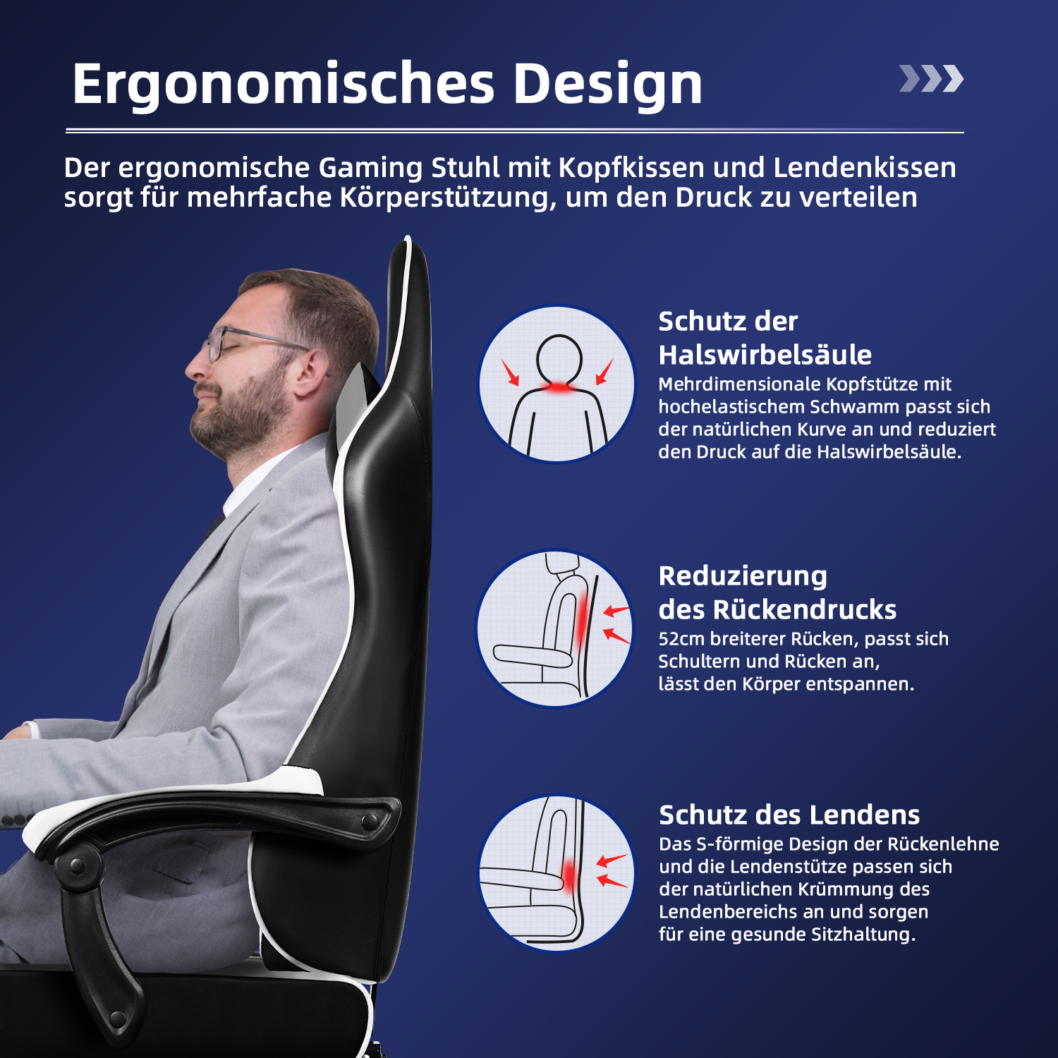 Ein Mann im Anzug sitzt in einem schwarz-weißen ergonomischen Gaming-Stuhl. Text beschreibt Merkmale für Nacken-, Rücken- und Lendenwirbelstütze.