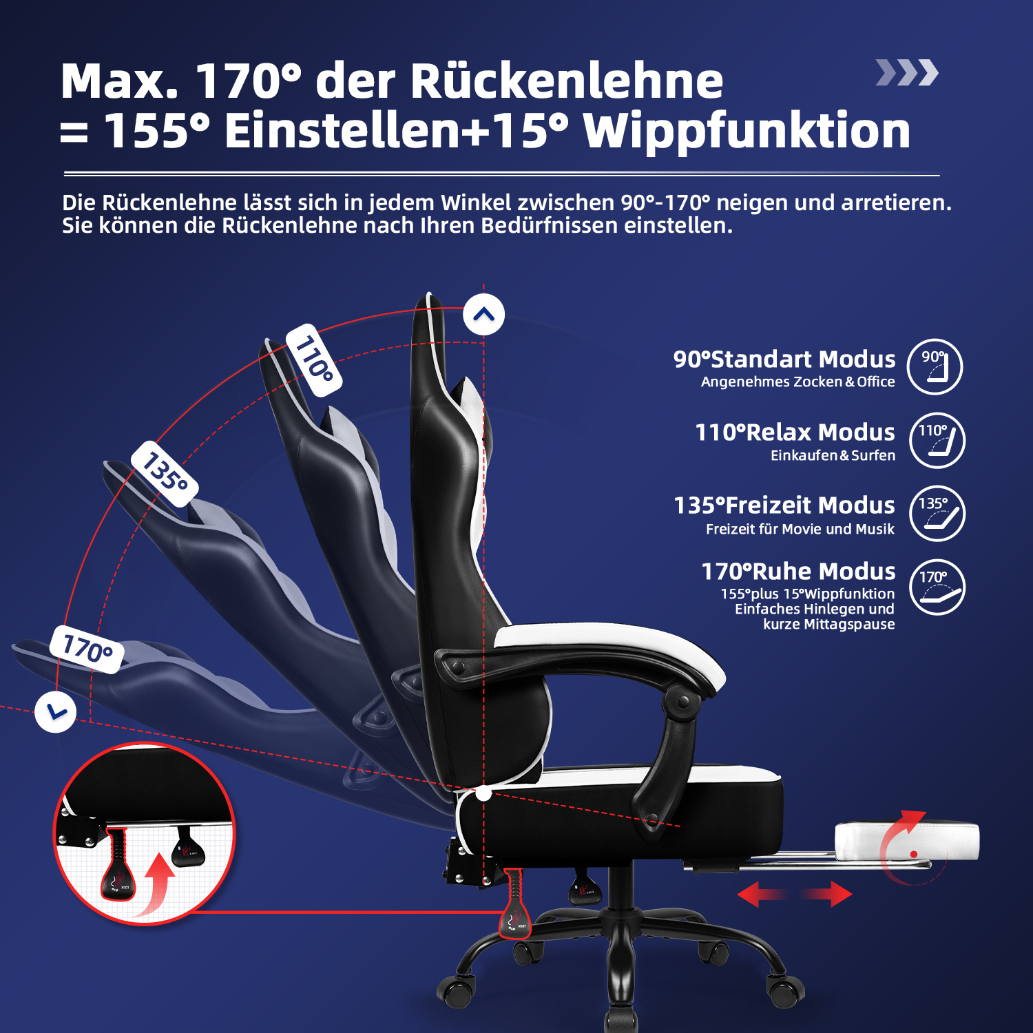 Ein schwarz-weißer ergonomischer Stuhl mit verstellbarer Rückenlehne. Zeigt Winkeleinstellungen von 90 bis 170 Grad und eine Fußstütze.