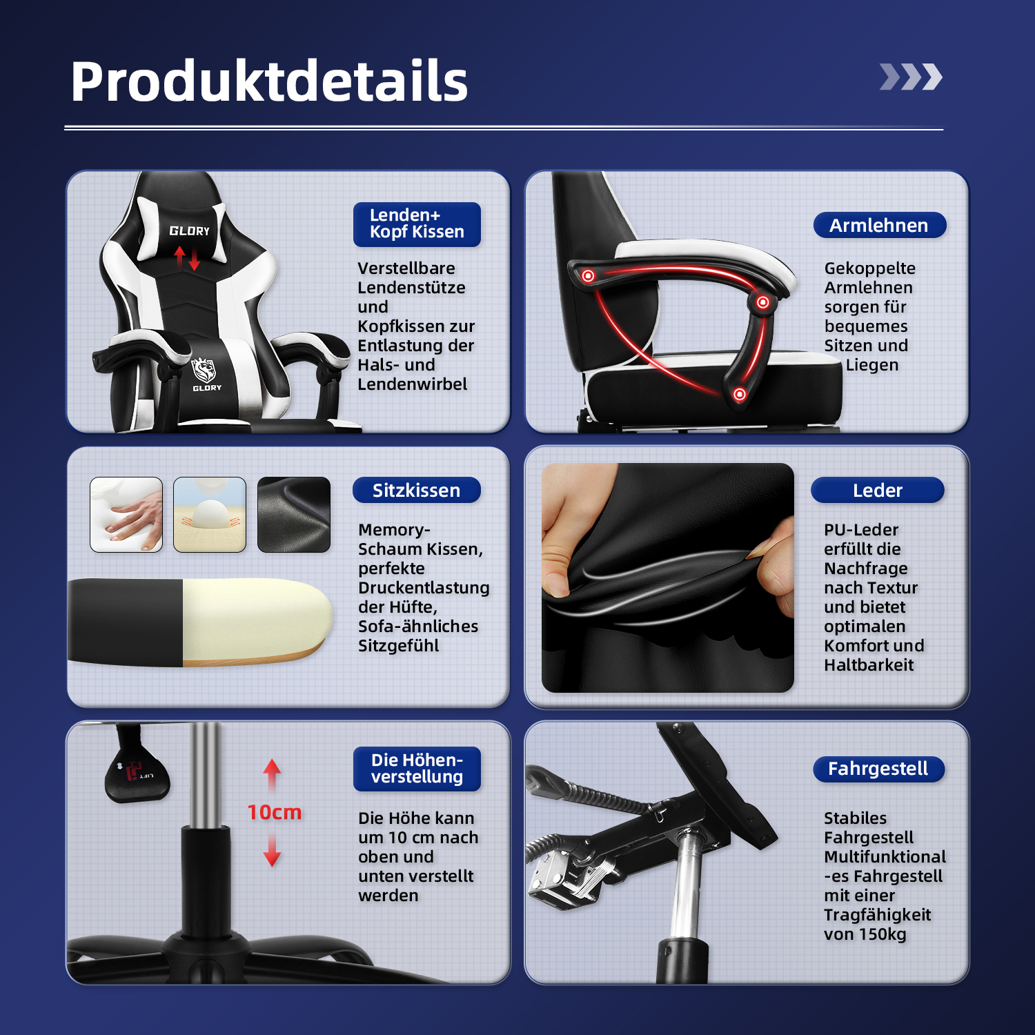 Das Bild zeigt einen schwarz-weißen Gaming-Stuhl mit Produktdetails, darunter verstellbare Lendenwirbelstütze, Armlehnen und Höhenverstellung.