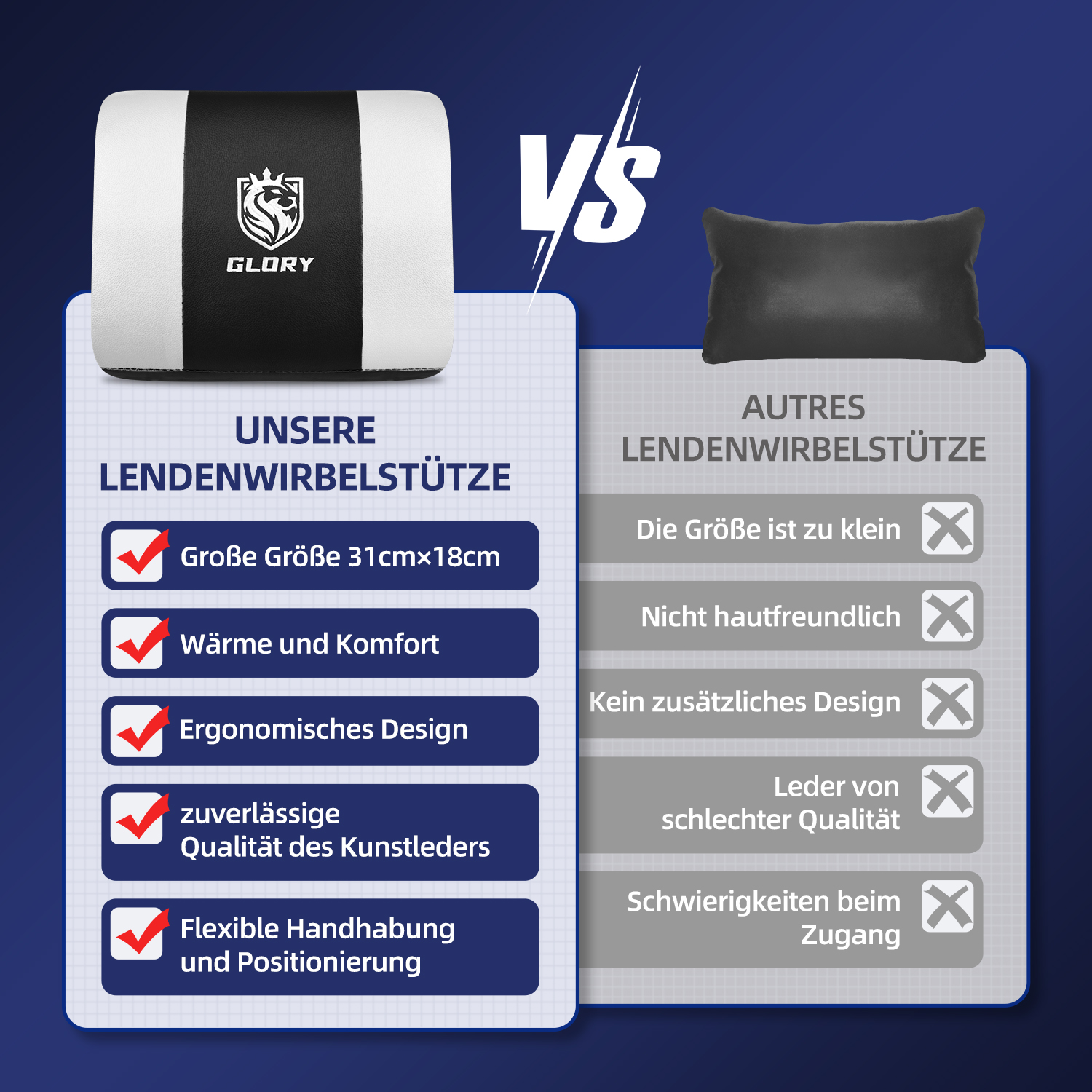 Ein weißes und schwarzes Glory-Lendenwirbelstützkissen wird mit einem schwarzen Kissen mit negativen Merkmalen verglichen. Häkchen heben Merkmale hervor.