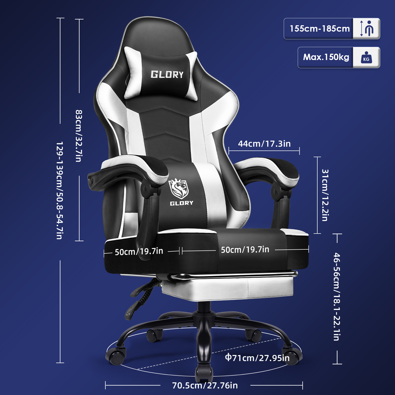 Schwarz-weißer Gaming-Stuhl mit Maßen. Enthält Glory-Logo, Höhenverstellung und Gewichtsangaben auf blauem Hintergrund.