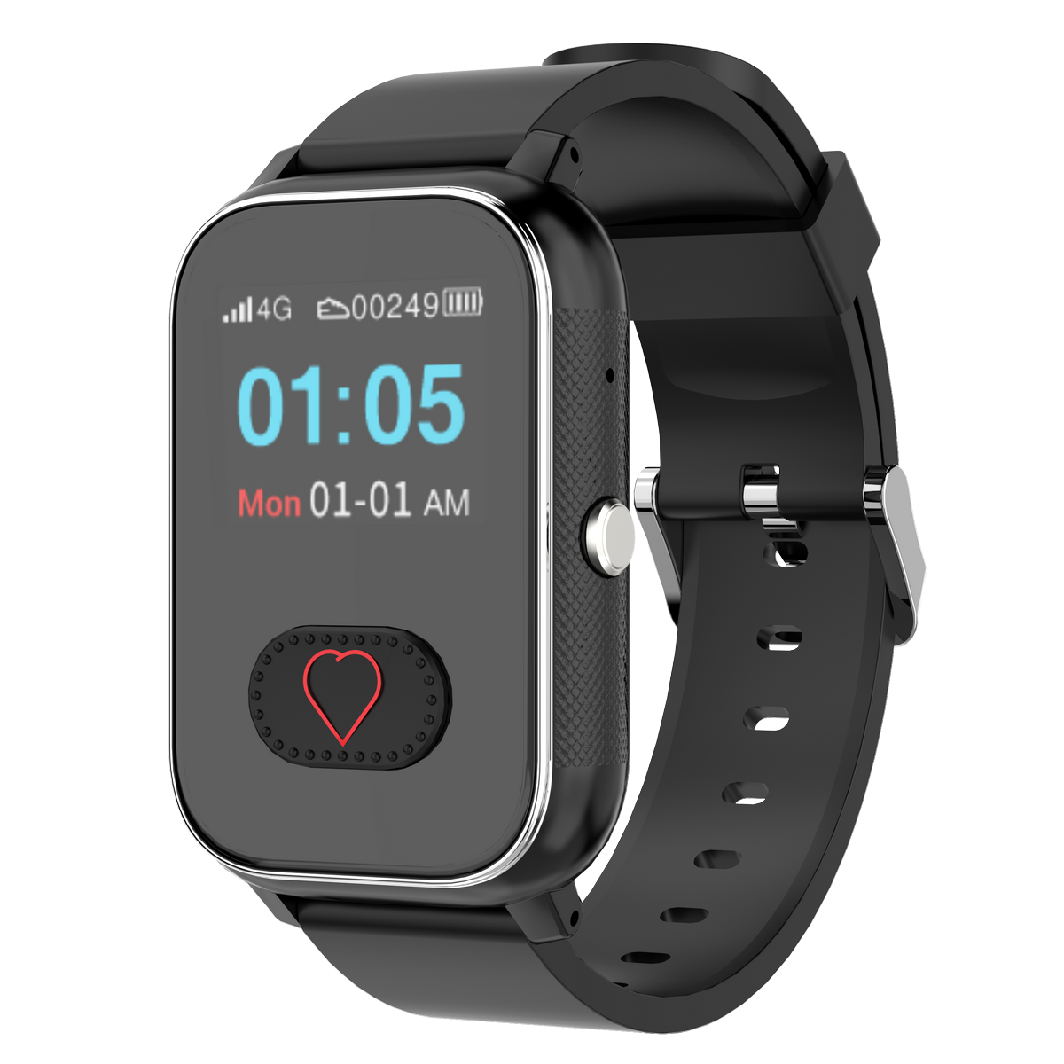 Schwarze Smartwatch mit Herzfrequenz-Taste. Der Bildschirm zeigt Uhrzeit und ein Herzsymbol. Das Armband ist schwarz.