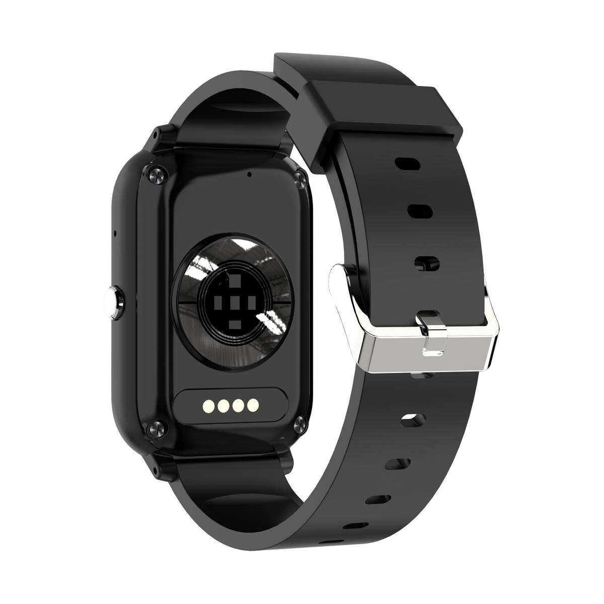 Schwarze Smartwatch, Rückansicht. Merkmale: schwarzes Armband mit silberner Schnalle. Die Uhr hat einen Sensor und drei Kontrollleuchten.
