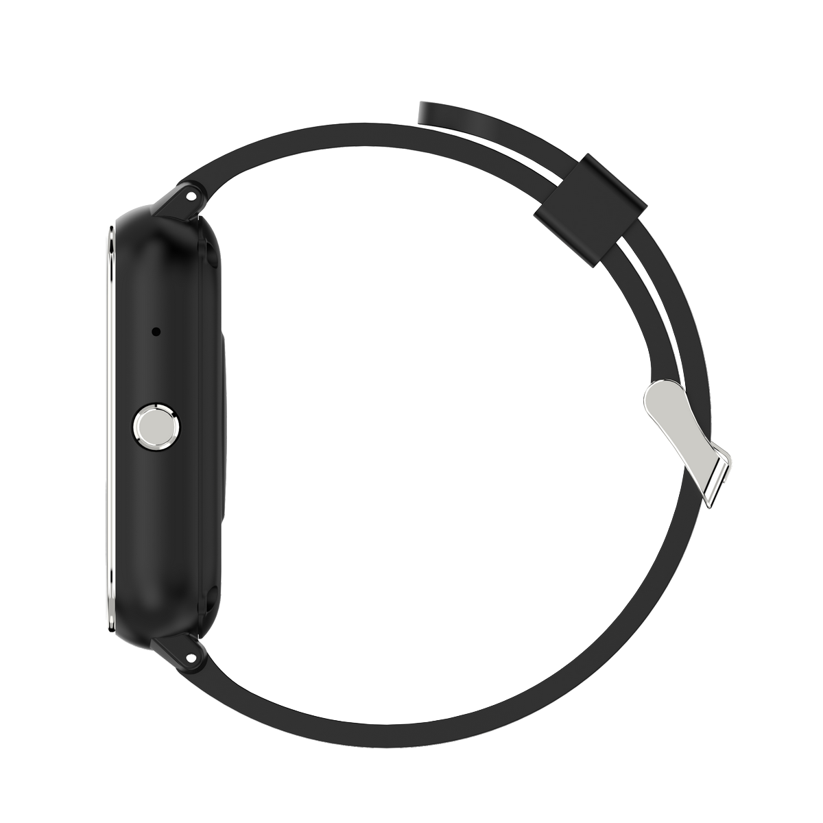 Seitenansicht einer schwarzen Smartwatch mit schwarzem Armband und silberner Schließe. Die Uhr befindet sich auf weißem Hintergrund.