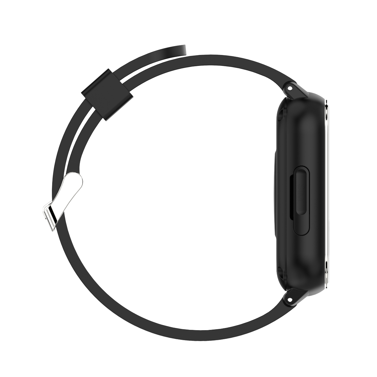 Eine schwarze Smartwatch mit schwarzem Armband, Seitenansicht. Die Uhr hat ein rechteckiges Zifferblatt und einen Knopf. Der Hintergrund ist weiß.