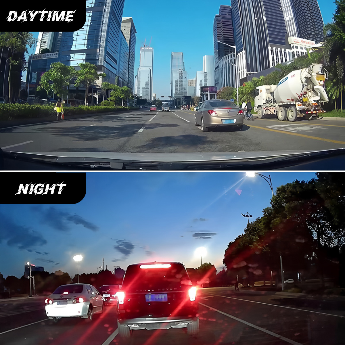 Oben: Tagesszene mit Autos, Gebäuden und einem Betonmischer. Unten: Nachtszene mit Rücklichtern und Straßenlaternen.