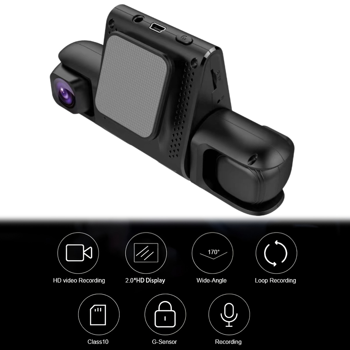 Schwarze Dashcam mit zwei Kameras und einem grau strukturierten Pad, mit Symbolen, die Funktionen wie HD-Aufnahme und Weitwinkel anzeigen.