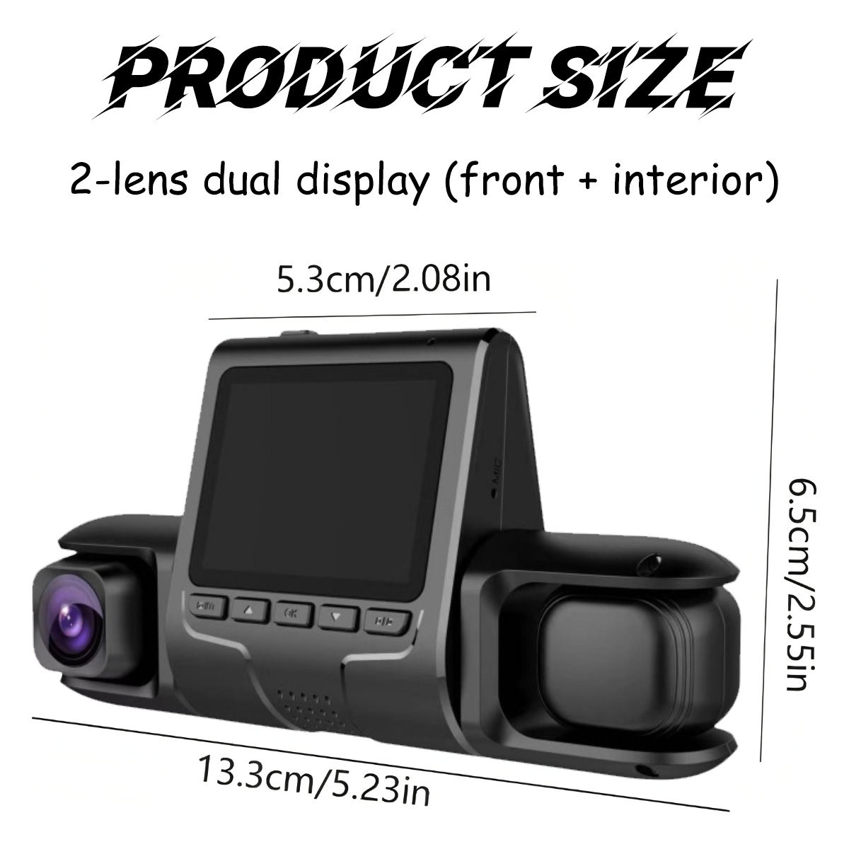 Eine schwarze Dual-Lens-Auto-Dashcam mit Bildschirm und Maßangaben. Text lautet "PRODUCT SIZE" und "2-Lens-Dual-Display".