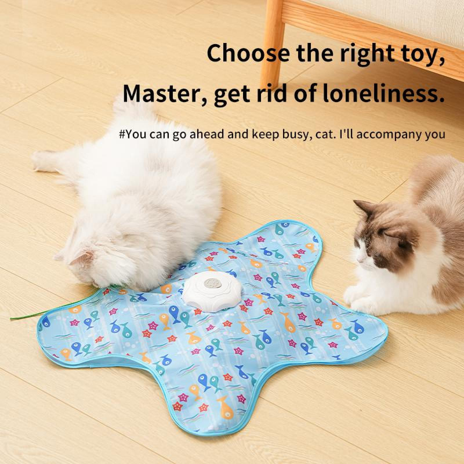 Zwei Katzen in der Nähe einer blauen sternförmigen Matte mit Fischen und einem weißen Gerät. Text: Wähle das richtige Spielzeug, Meister, werde die Einsamkeit los.