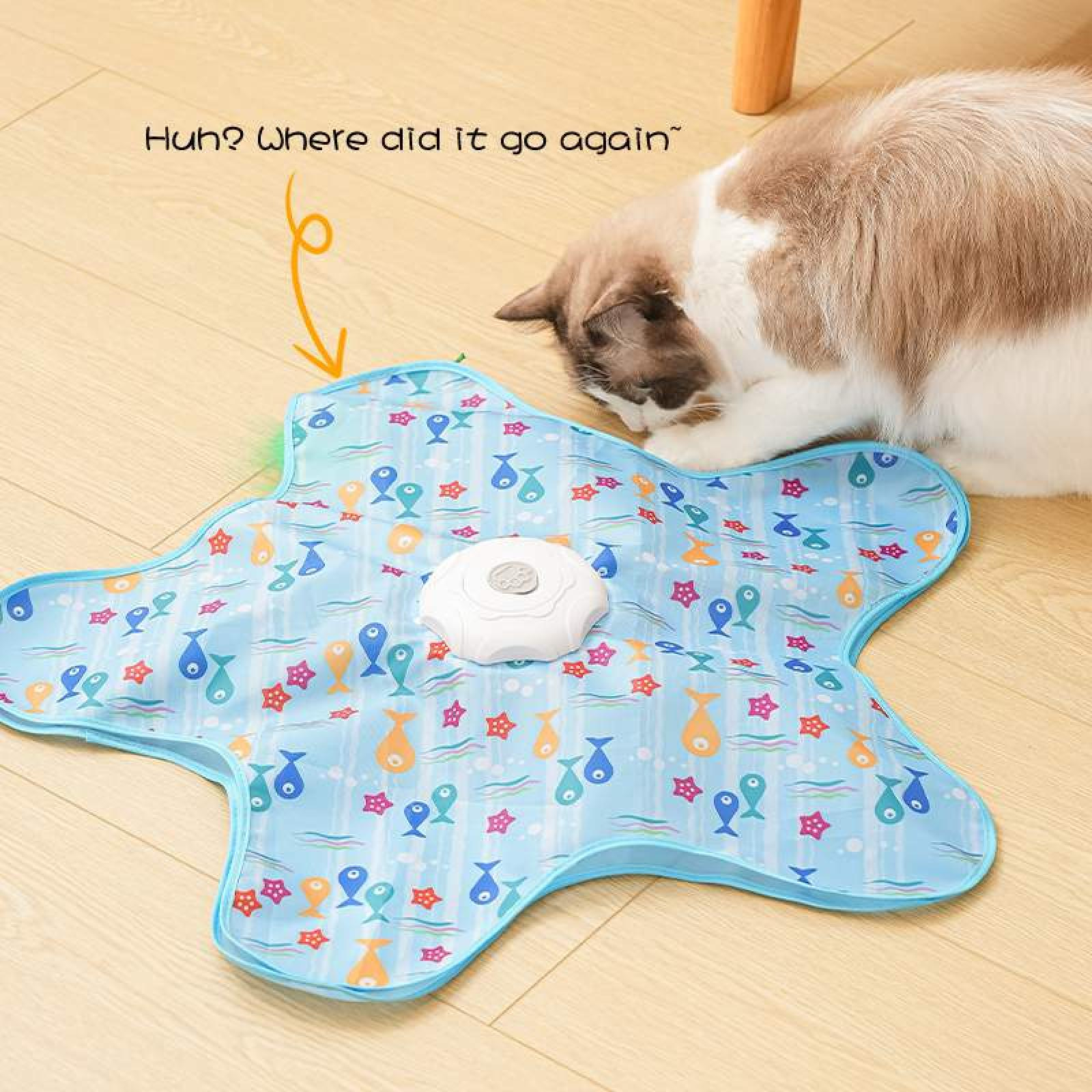 Eine Katze blickt auf eine blaue, mit Fischen gemusterte Matte mit einem weißen Gerät. Holzfußboden. Text: Hä? Wo ist es denn schon wieder hin?
