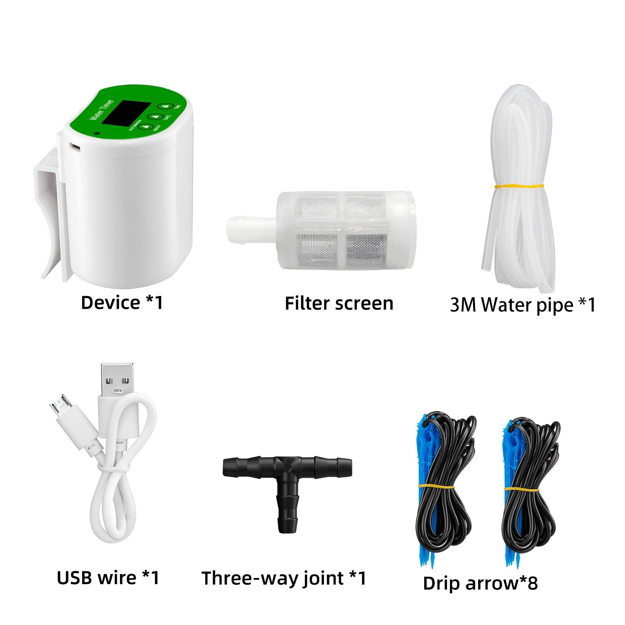 Weißer Wasser-Timer, Filter, Wasserleitung, USB-Kabel, Dreiwege-Verteiler und Tropfpfeile auf weißem Untergrund.