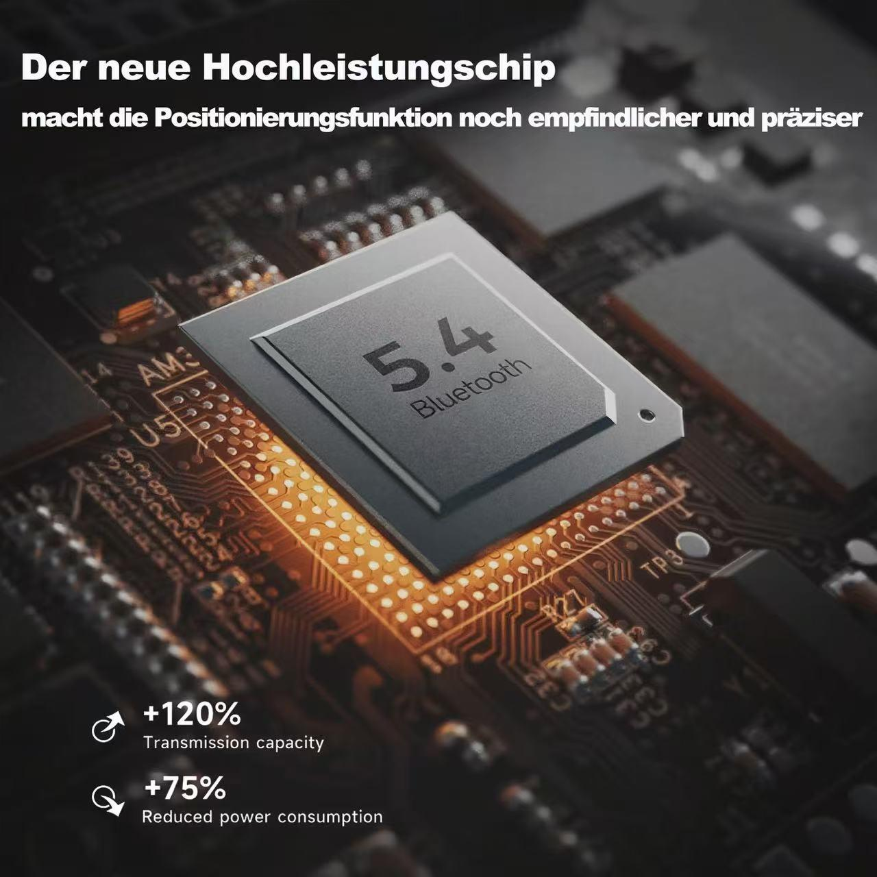 Nahaufnahme einer Platine mit einem 5.4 Bluetooth-Chip. Der Text lautet: 'Der neue Hochleistungschip'. Darunter Leistungsstatistiken.
