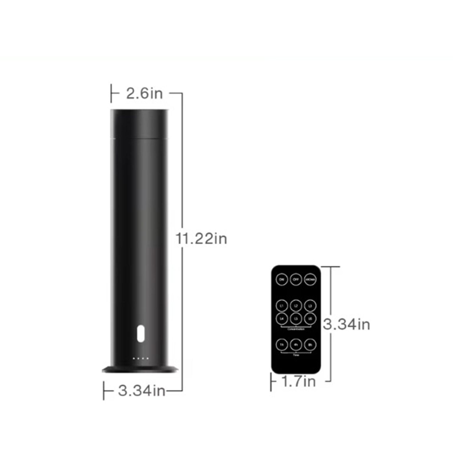 Schwarzer zylindrischer Diffusor und eine Fernbedienung. Maße sind angegeben. Diffusor ist 11,22 Zoll hoch. Fernbedienung ist 3,34 Zoll hoch.