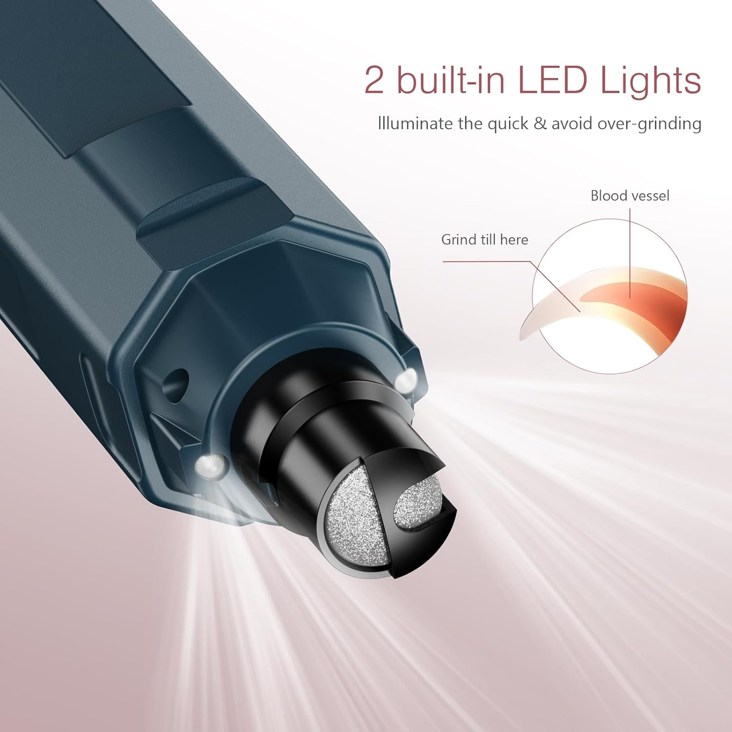 Nahaufnahme eines Nagelknipser mit LED-Leuchten. Text zeigt, dass es 2 eingebaute LED-Leuchten zur Beleuchtung hat.