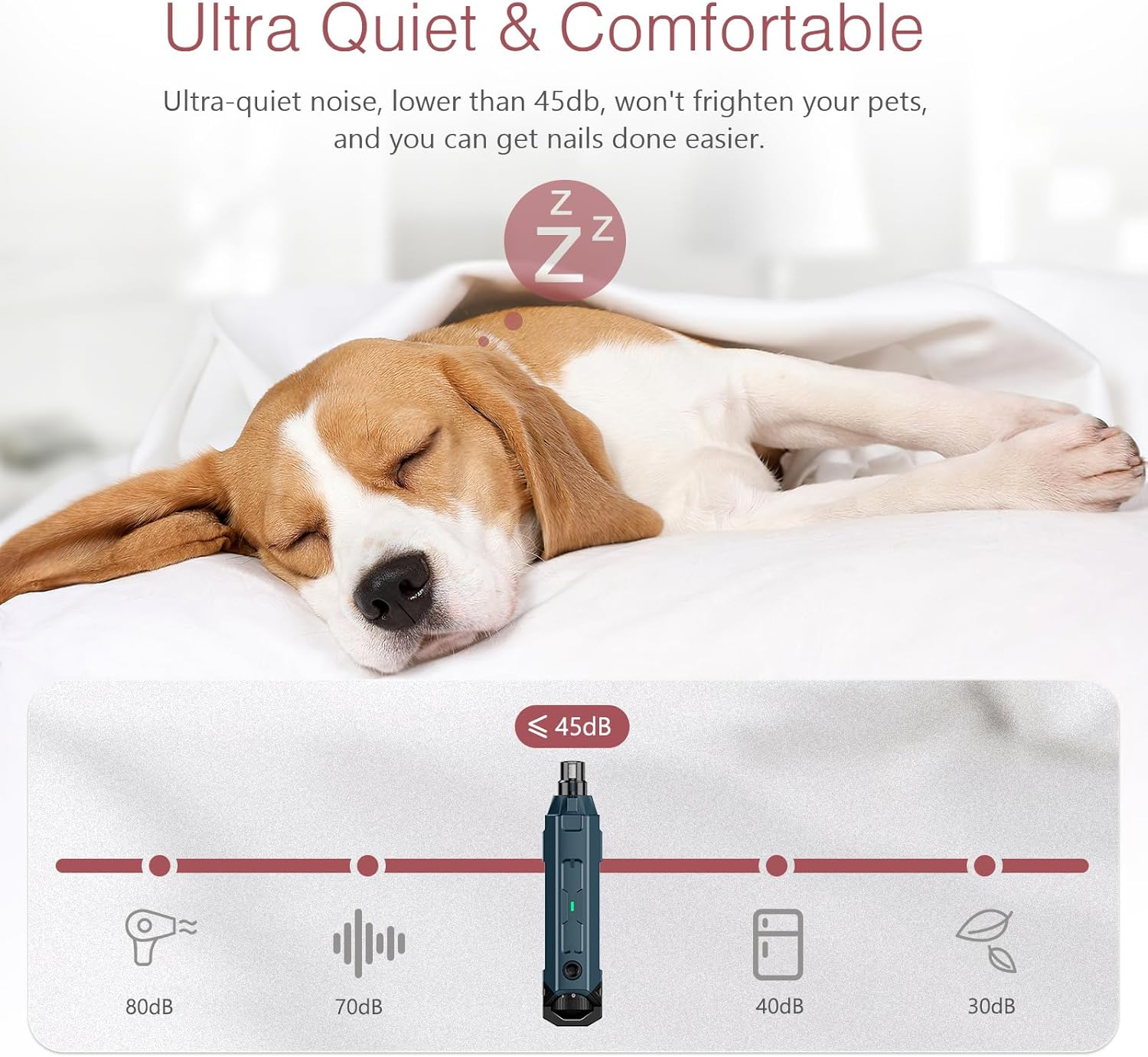 Schlafender Beagle auf weißem Bett. Darunter eine Grafik mit Schallpegeln und einem Nagel-Grinder.