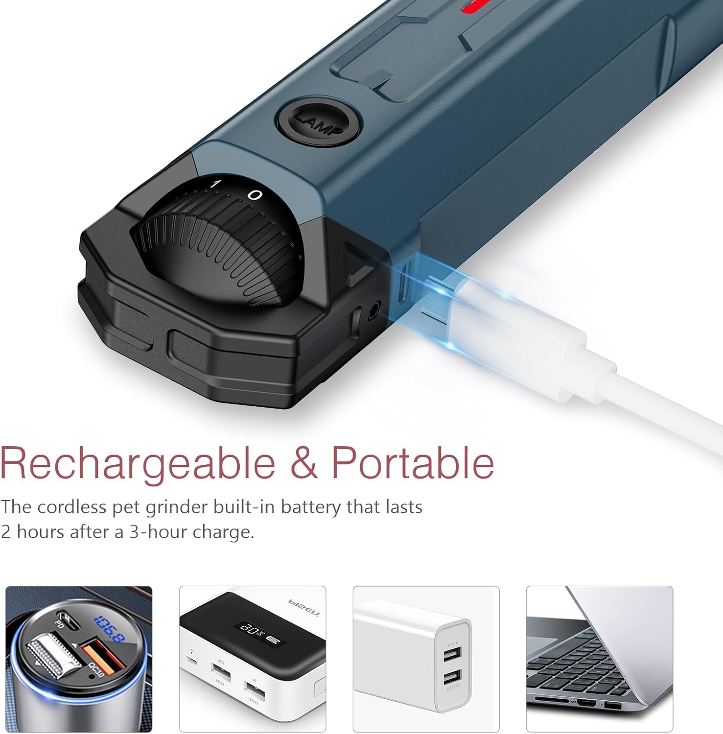 Blauer und schwarzer Tierhaarschleifer mit Drehregler. Ein Ladekabel ist eingesteckt. Text unten sagt "Rechargeable & Portable".