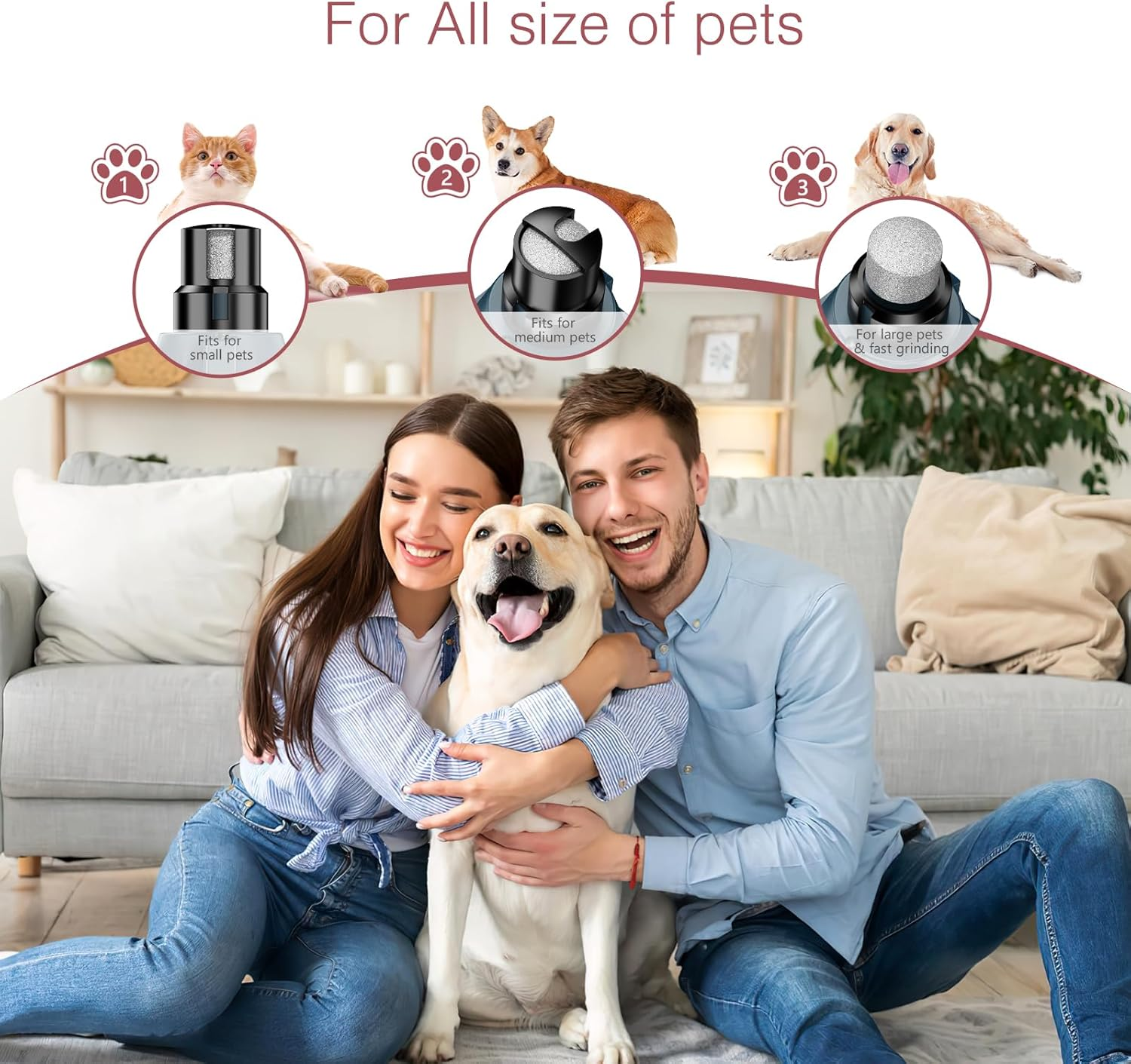 Ein Paar umarmt einen Hund. Oben sind Bilder von Haustieren mit Nagelmahlscheiben für kleine, mittlere und große Haustiere. Text: Für alle Haustiergrößen.