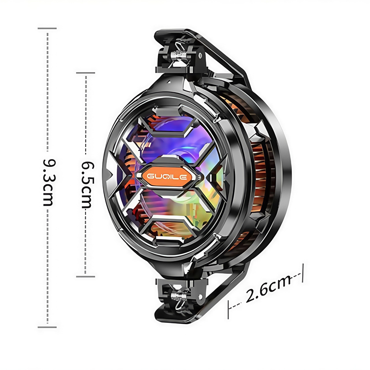 Schwarzer und silberner Telefonkühler mit farbigen Lichtern, die Abmessungen sind angegeben, 9,3 cm, 6,5 cm und 2,6 cm, und der Markenname ist GUQILE.