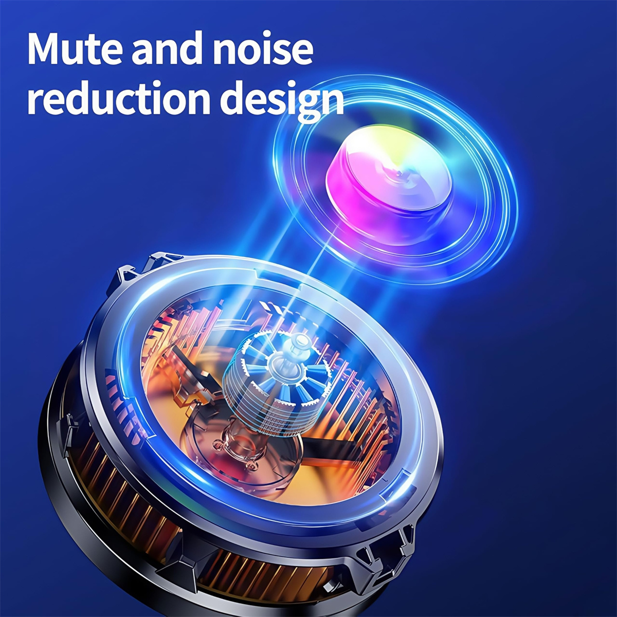 Detaillierte Ansicht eines mechanischen Geräts mit blauem und goldenem Farbschema. Der Text lautet 'Mute and noise reduction design'.
