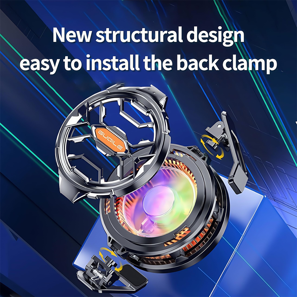 Ein Gerät mit Lüfter, Metall und orangefarbenen Akzenten, mit Text: 'Neues Strukturdesign, einfach zu installierende Backklemme', auf blauem Hintergrund.