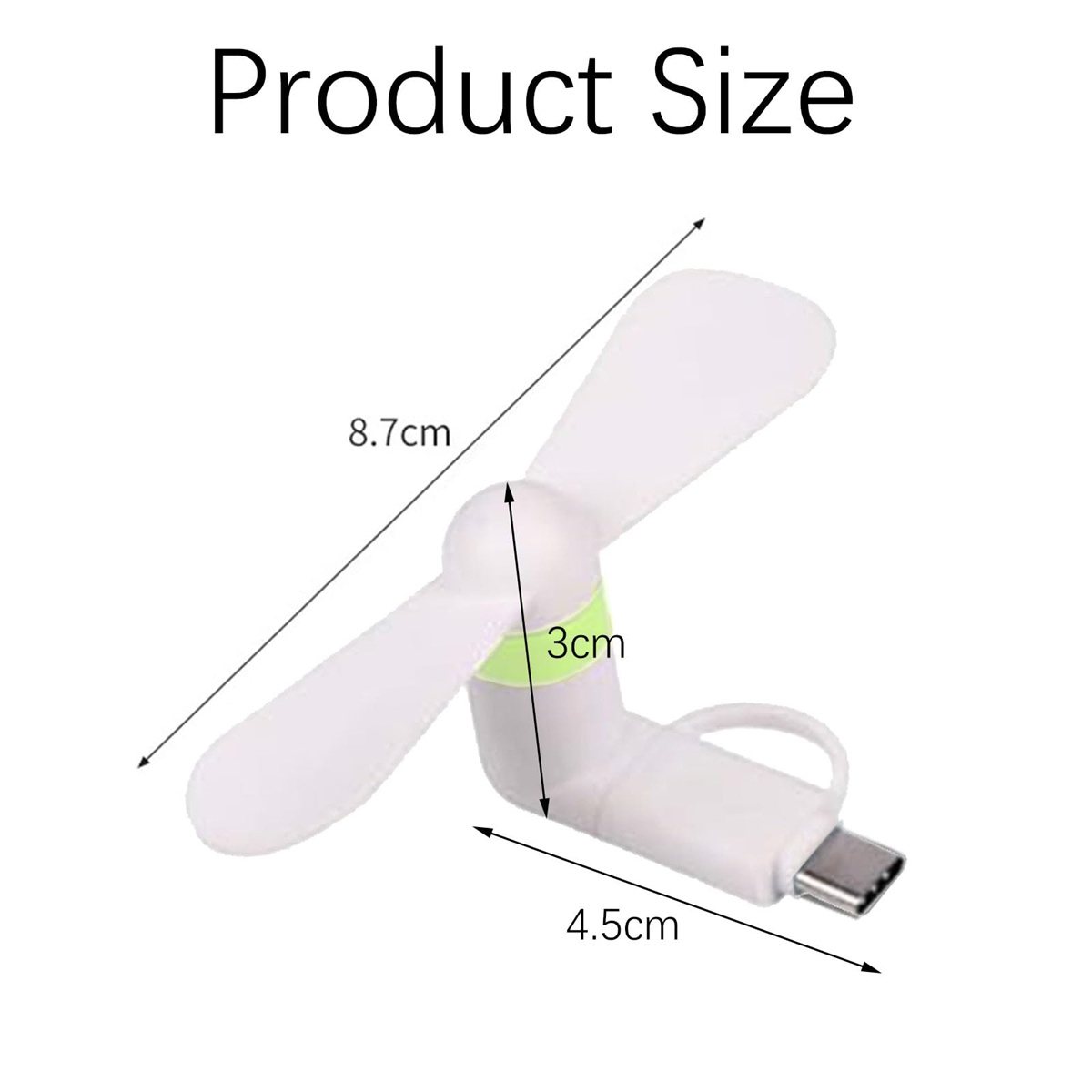 Ein weißer Mini-Ventilator mit den Maßen: 8,7 cm, 3 cm und 4,5 cm. Er hat einen USB-C-Anschluss und ein grünes Band.