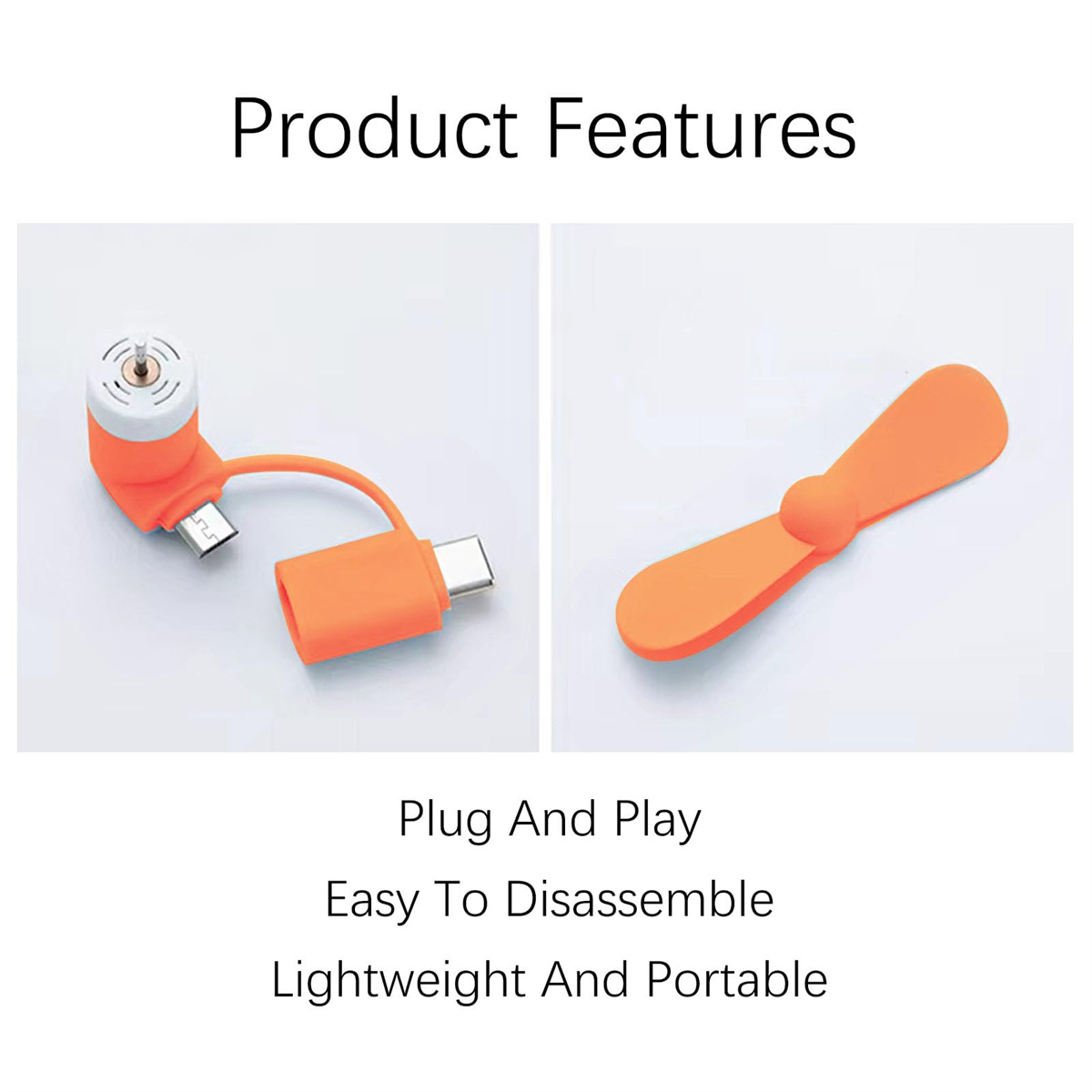 Das Bild zeigt orangefarbene Mini-Ventilatorkomponenten. Links ein oranger Stecker und eine weiße Oberseite. Rechts ein Lüfterflügel. Text unten.