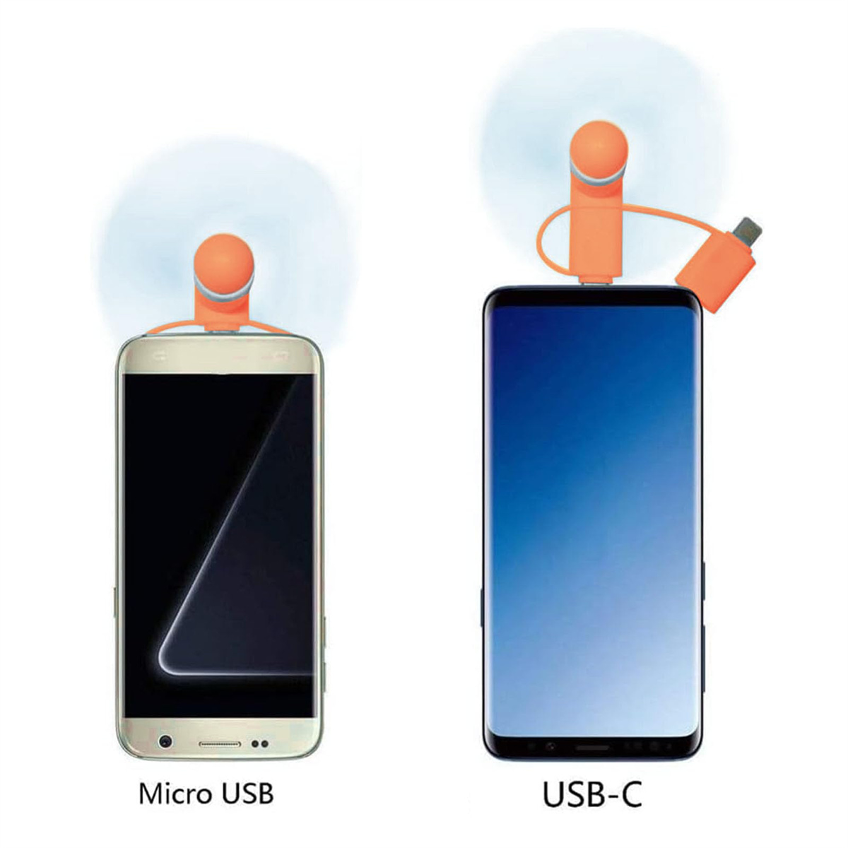 Zwei Smartphones mit orangefarbenen Mini-Ventilatoren. Eines ist Micro-USB und das andere USB-C. Beide haben weißen Hintergrund.
