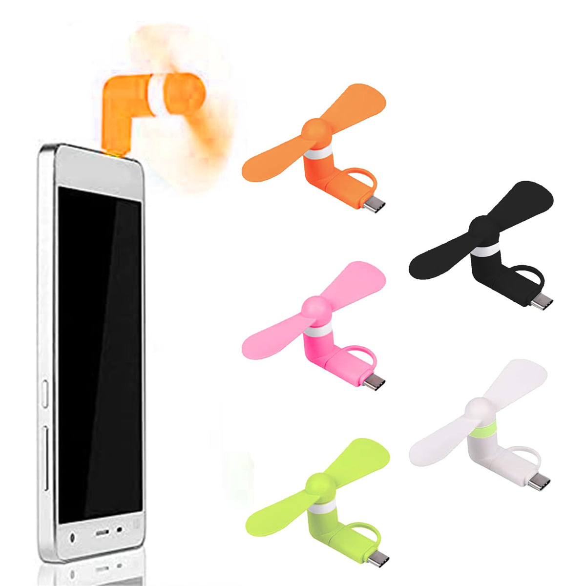Ein Smartphone hat einen orangefarbenen Ventilator. Andere farbige Ventilatoren befinden sich rechts: orange, schwarz, rosa, grün und weiß. Alle haben USB-C.