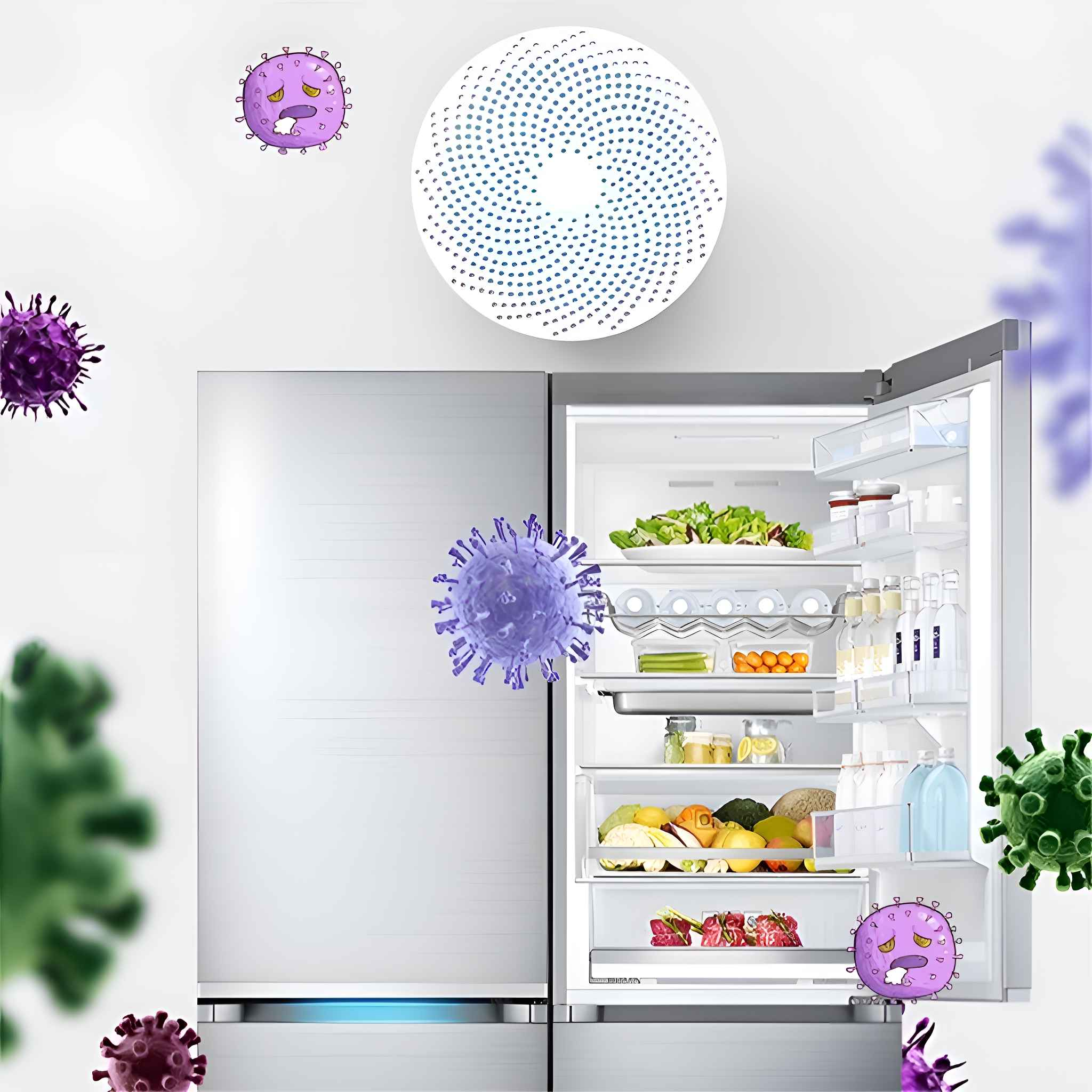Ein Kühlschrank mit offener Tür, umgeben von Virusillustrationen. Innen sind Obst und Gemüse sichtbar. Über dem Kühlschrank befindet sich ein weißer Kreis.