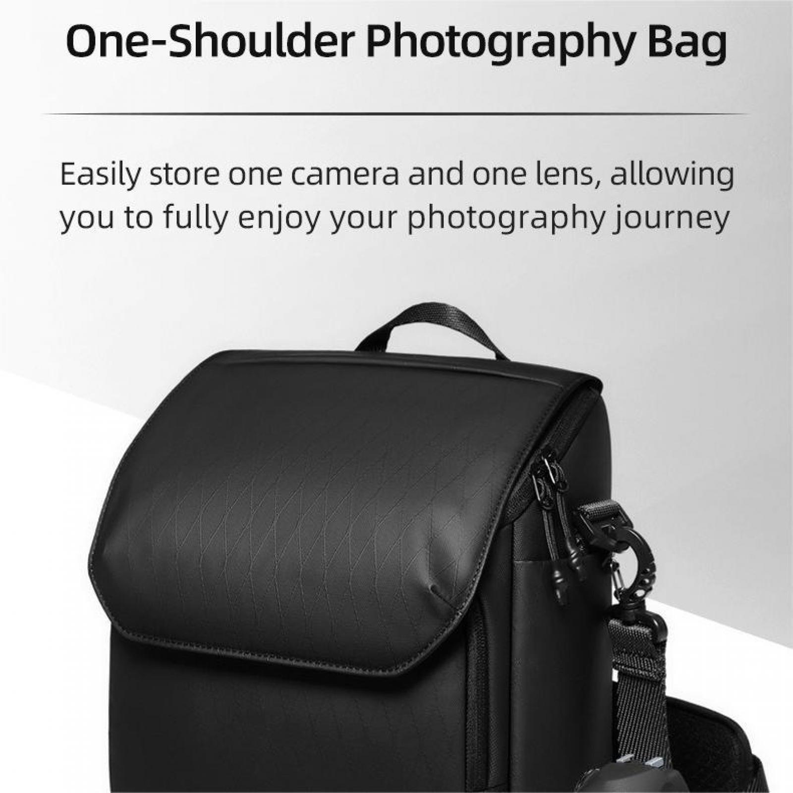Schwarze Ein-Schulter-Fototasche. Text oben lautet 'One-Shoulder Photography Bag'.