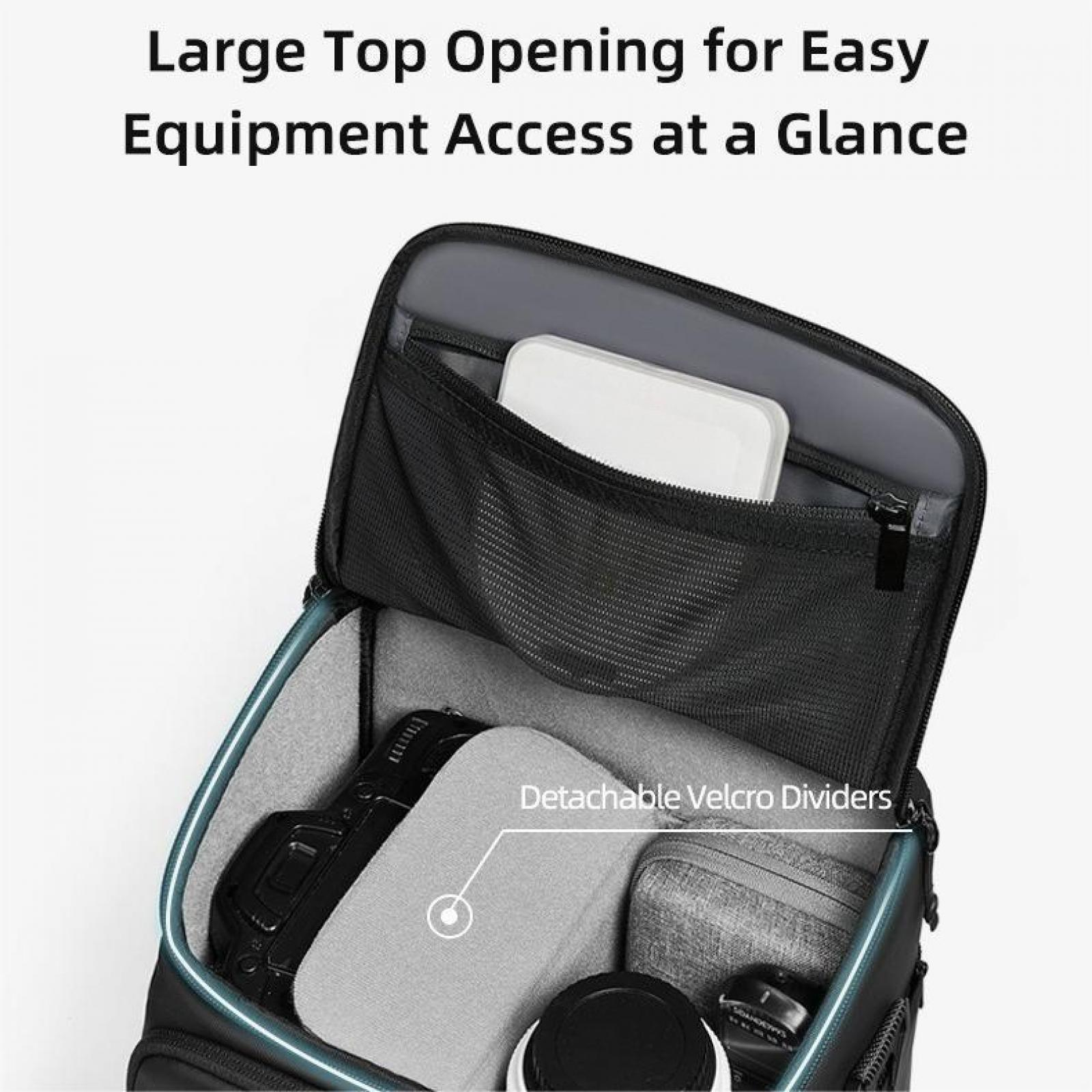 Schwarzer Rucksack mit offener Oberseite, mit einer Netztasche, weißer Hülle und Kamera Zubehör.