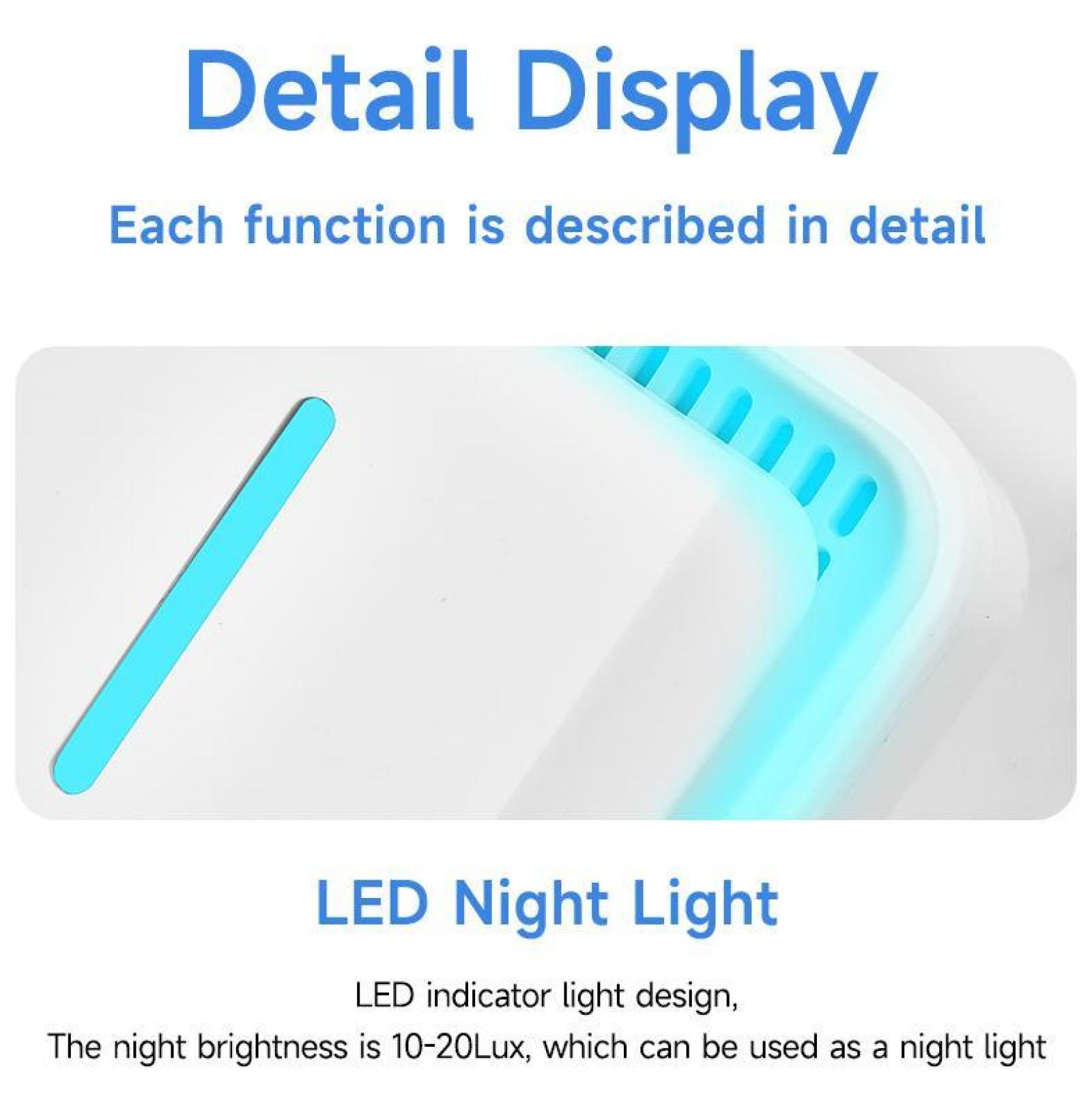 Das Bild zeigt ein blau-weißes LED-Nachtlichtdesign. Text beschreibt Funktionen und Helligkeit.