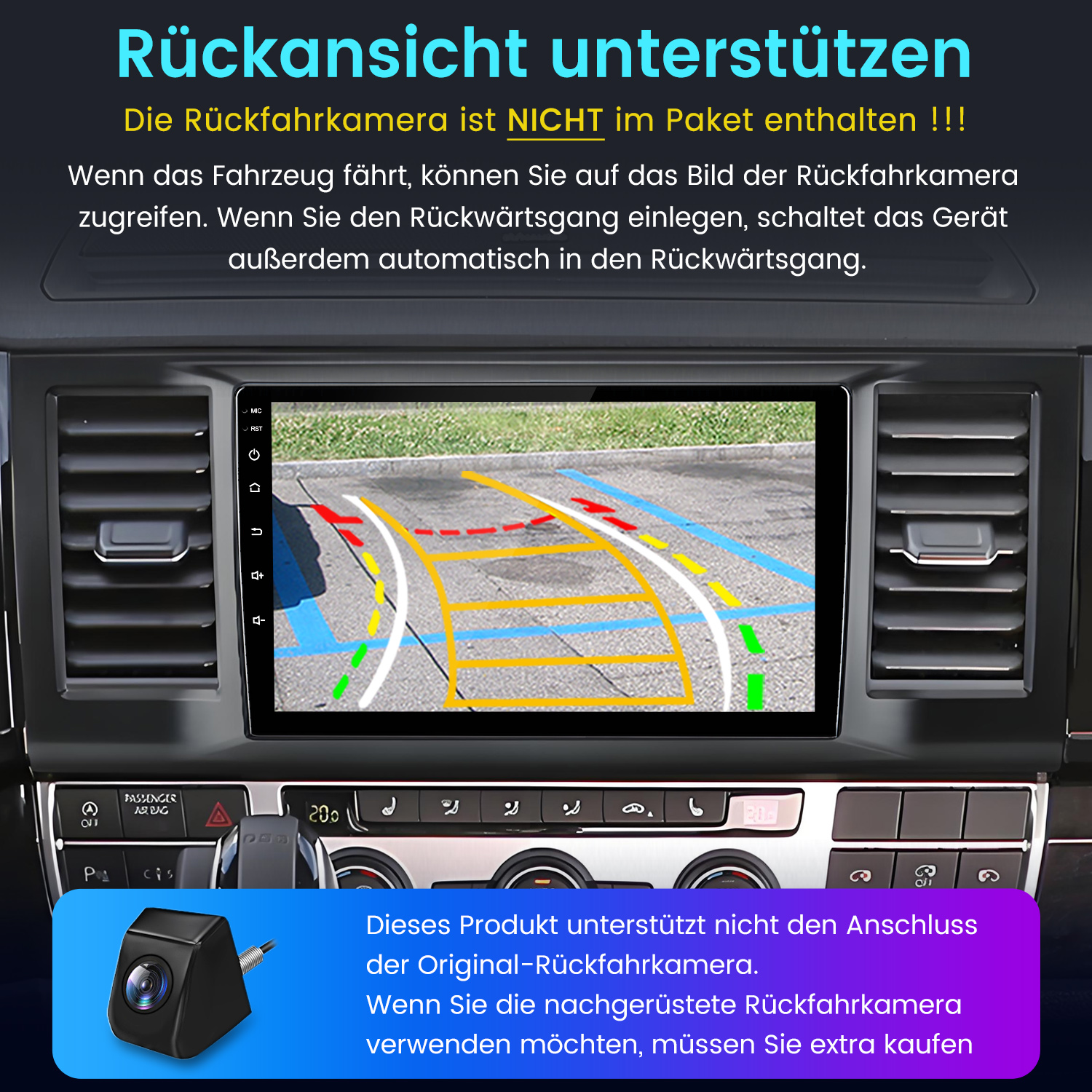 Autoinnenraum mit Bildschirm, der eine Parkassistentenansicht zeigt. Darunter ist eine kleine Kamera abgebildet. Text in Deutsch beschreibt die Funktionen.