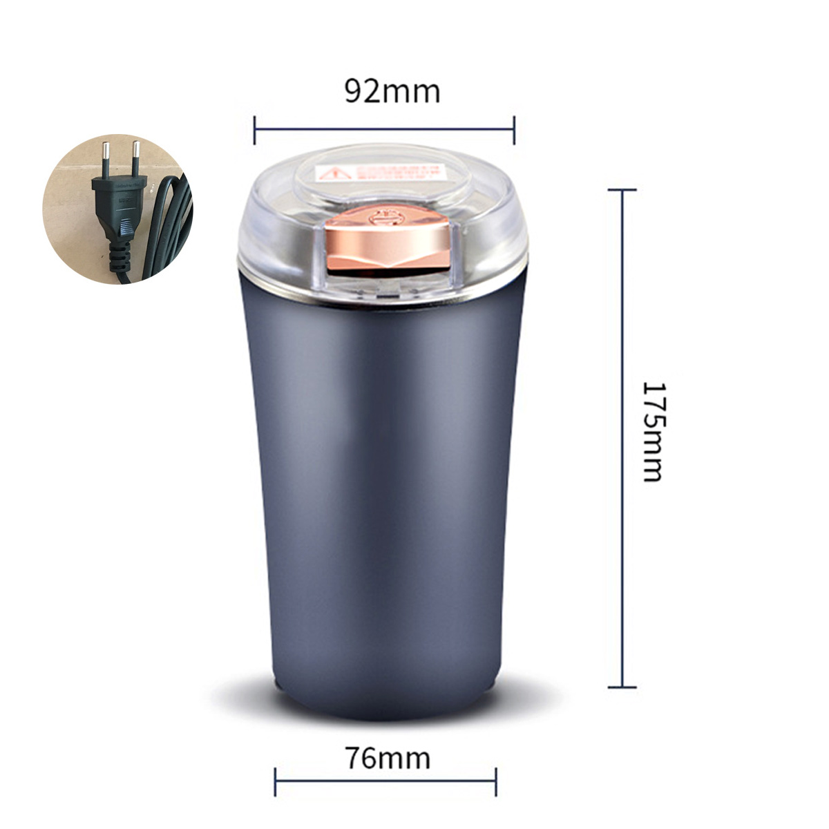 Eine Kaffeemühle mit Abmessungen wird gezeigt. Ein Netzstecker befindet sich in einem Kreis links. Abmessungen sind 92 mm, 175 mm und 76 mm.