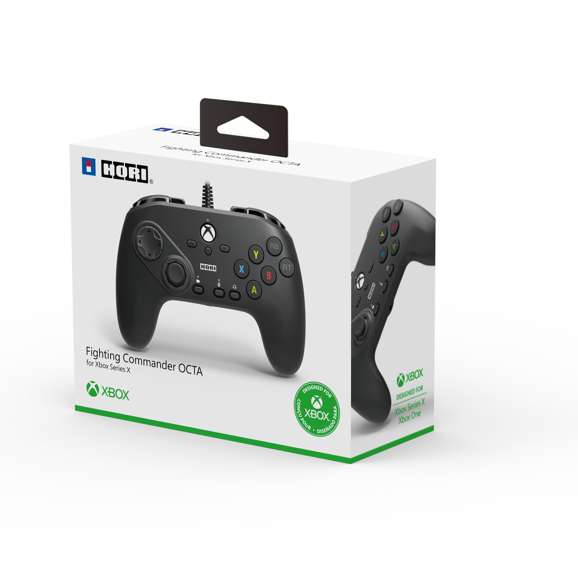 Wyświetlana jest czarna skrzynka kontrolera HORI Fighting Commander OCTA. Kontroler jest przeznaczony do Xbox Series X.