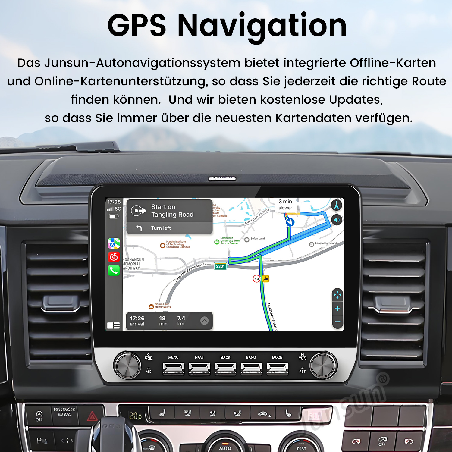 Aut Armaturenbrett mit GPS-Navigation, die eine Karte, Zeit und Routenführung anzeigt. Der Bildschirm zeigt eine Navigationsschnittstelle.