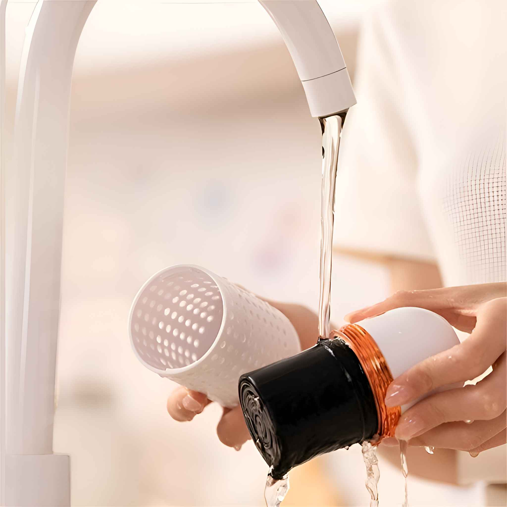 Eine Person wäscht einen Filter unter einem Wasserhahn. Der Filter hat schwarze und weiße Komponenten, Wasser fließt darüber.