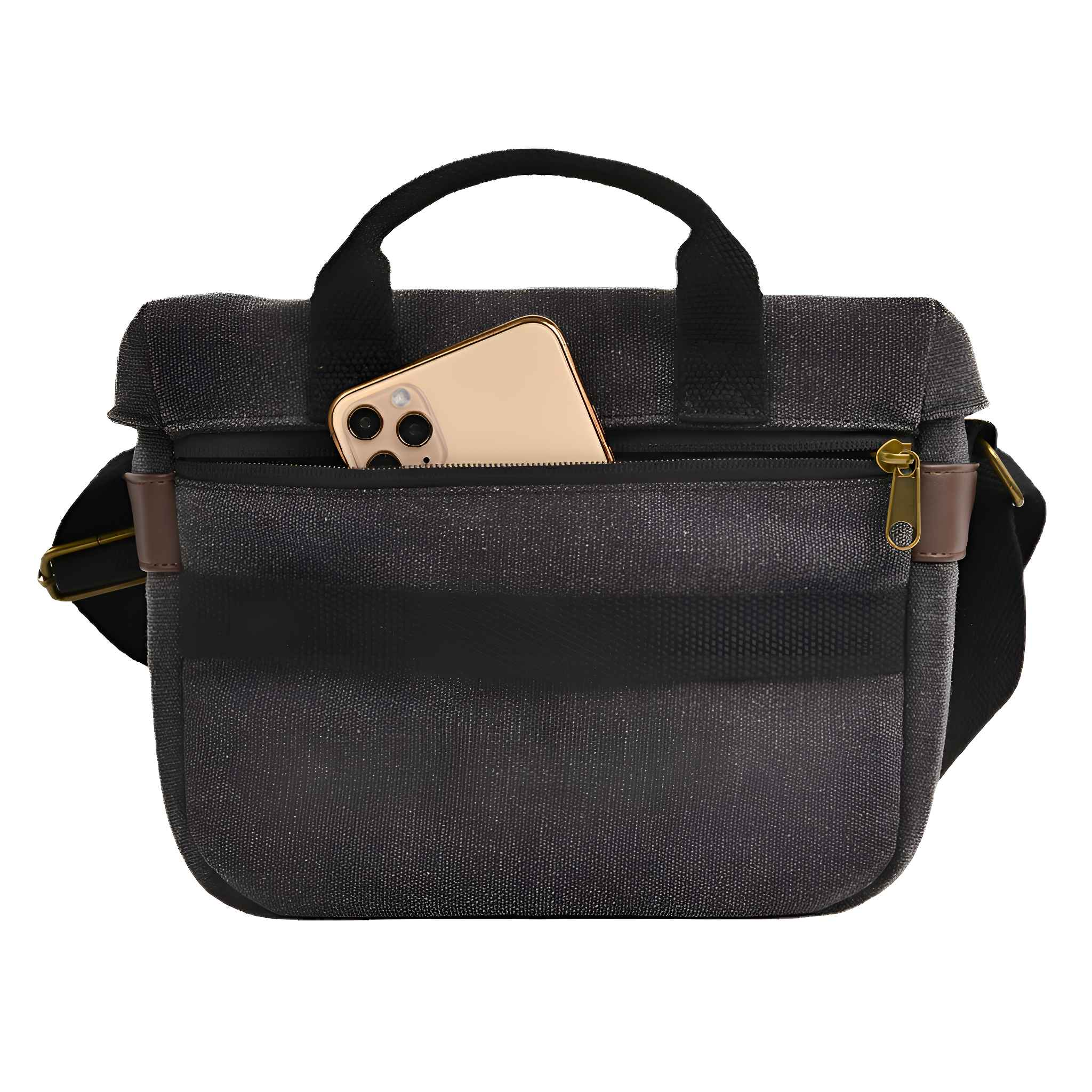 Eine schwarze Umhängetasche mit einem goldenen Telefon in der Tasche. Die Tasche hat einen Griff und einen schwarzen Gurt.