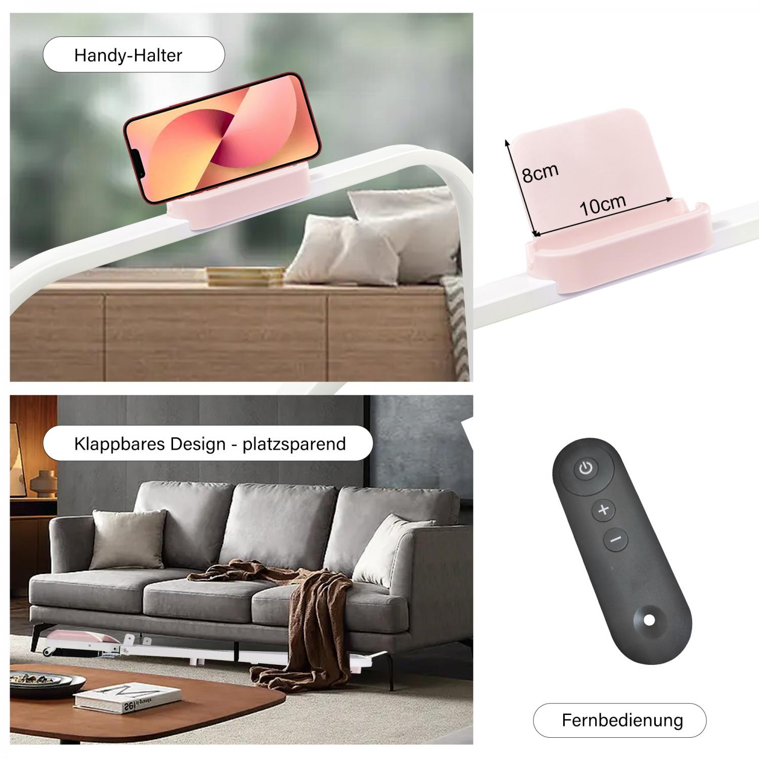 Bilder zeigen einen Telefonhalter mit Telefon, einen rosa Ständer, eine Couch und eine Fernbedienung. Der Halter ist auf einem weißen Balken.