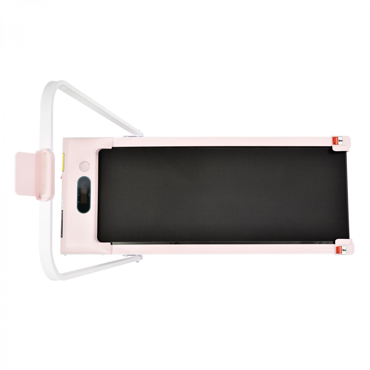 Ein rosa Laufband mit schwarzer Lauffläche. Es hat einen weißen Griff und eine Telefonhalterung. Der Hintergrund ist weiß.