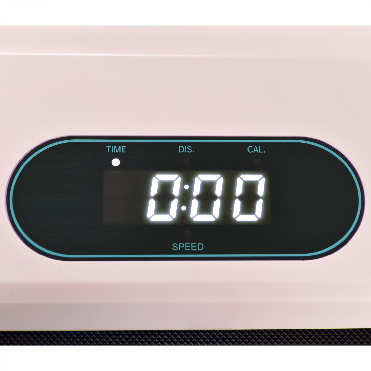 Digitalanzeige mit 0:00. Beschriftungen TIME, DIS., CAL. und SPEED. Die Anzeige vor rosa Hintergrund.