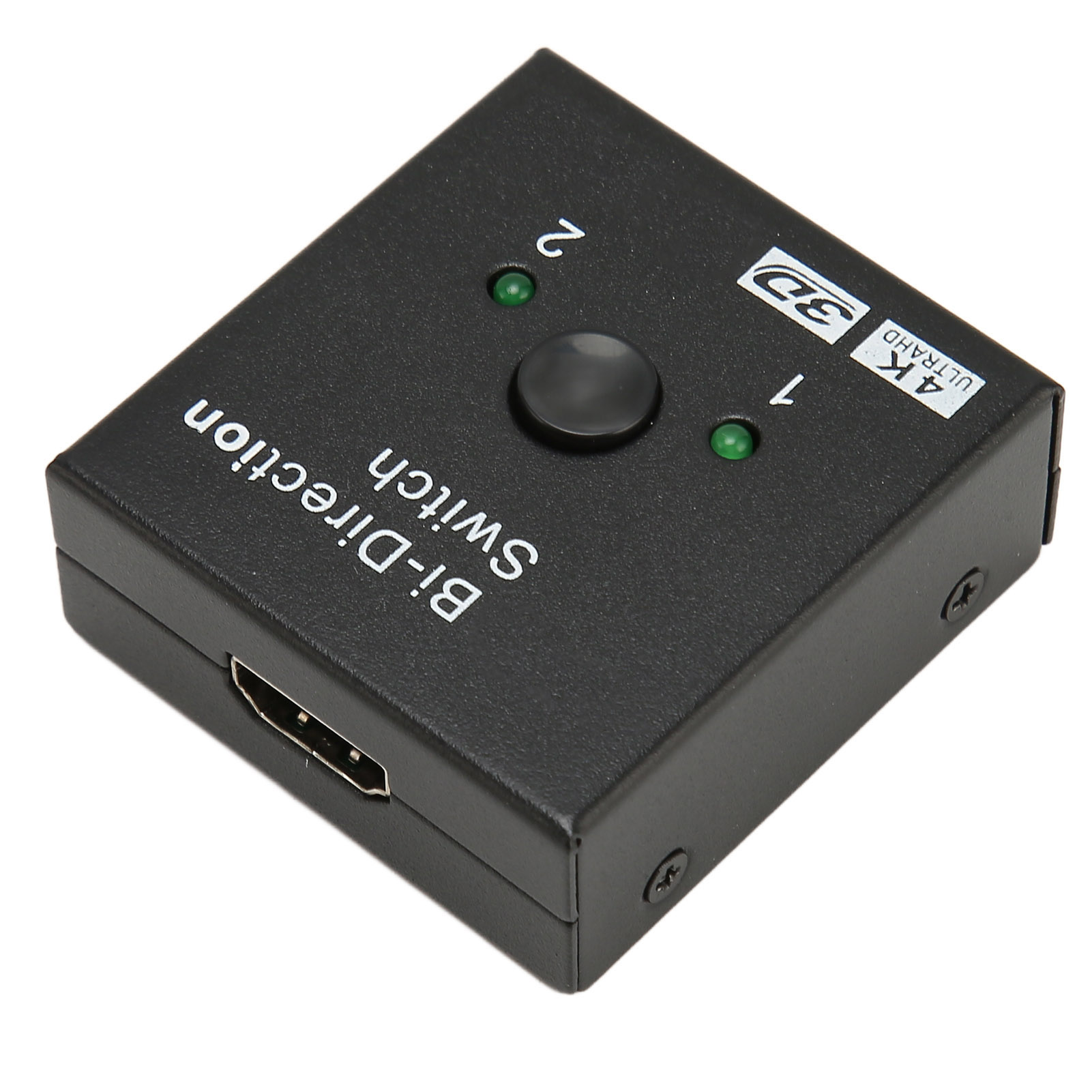 Schwarzer Bi-Direction-Schalter mit HDMI-Anschluss, Taste, zwei grünen Lichtern, den Zahlen 1 und 2 sowie 3D/4K-Etiketten.