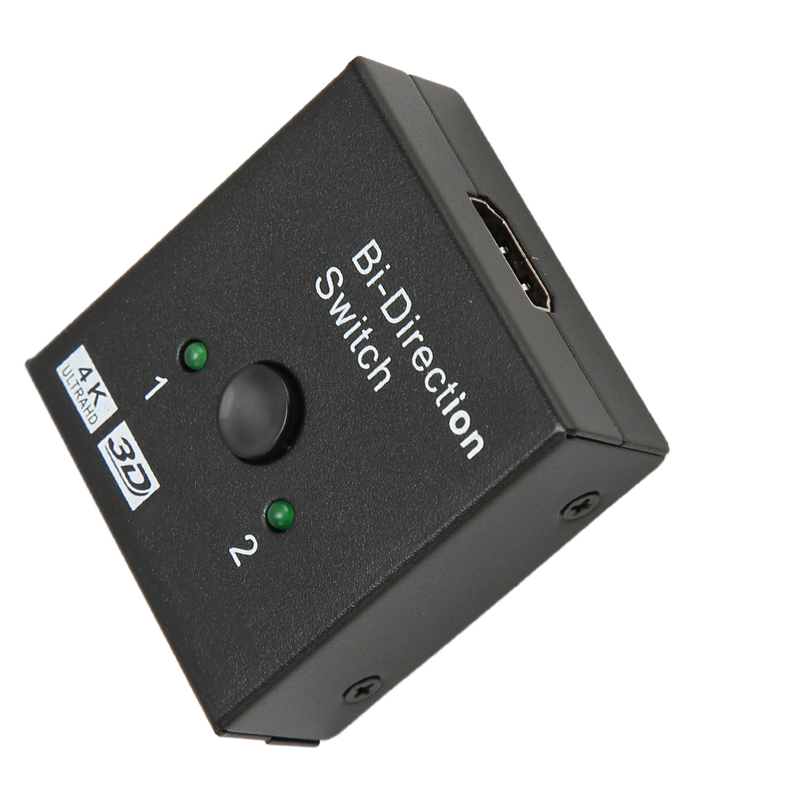 Schwarzer bidirektionaler Schalter mit HDMI-Anschluss, grünen Lichtern, einer Taste und Beschriftungen für 4K, 3D und Eingang.