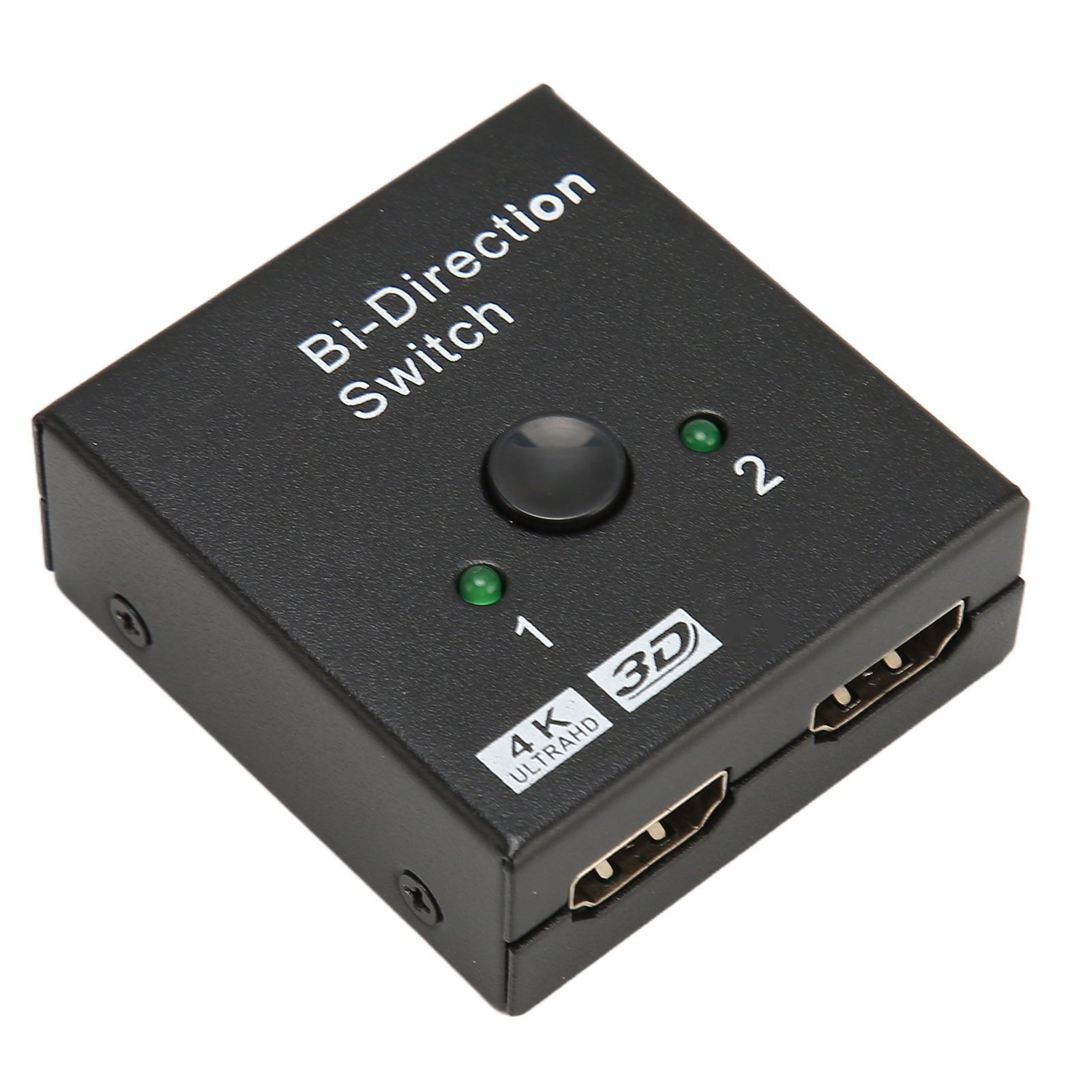 Ein schwarzer Bi-Direction-Schalter mit einem Knopf, zwei grünen Lichtern und HDMI-Anschlüssen. Er unterstützt 4K Ultra HD und 3D.