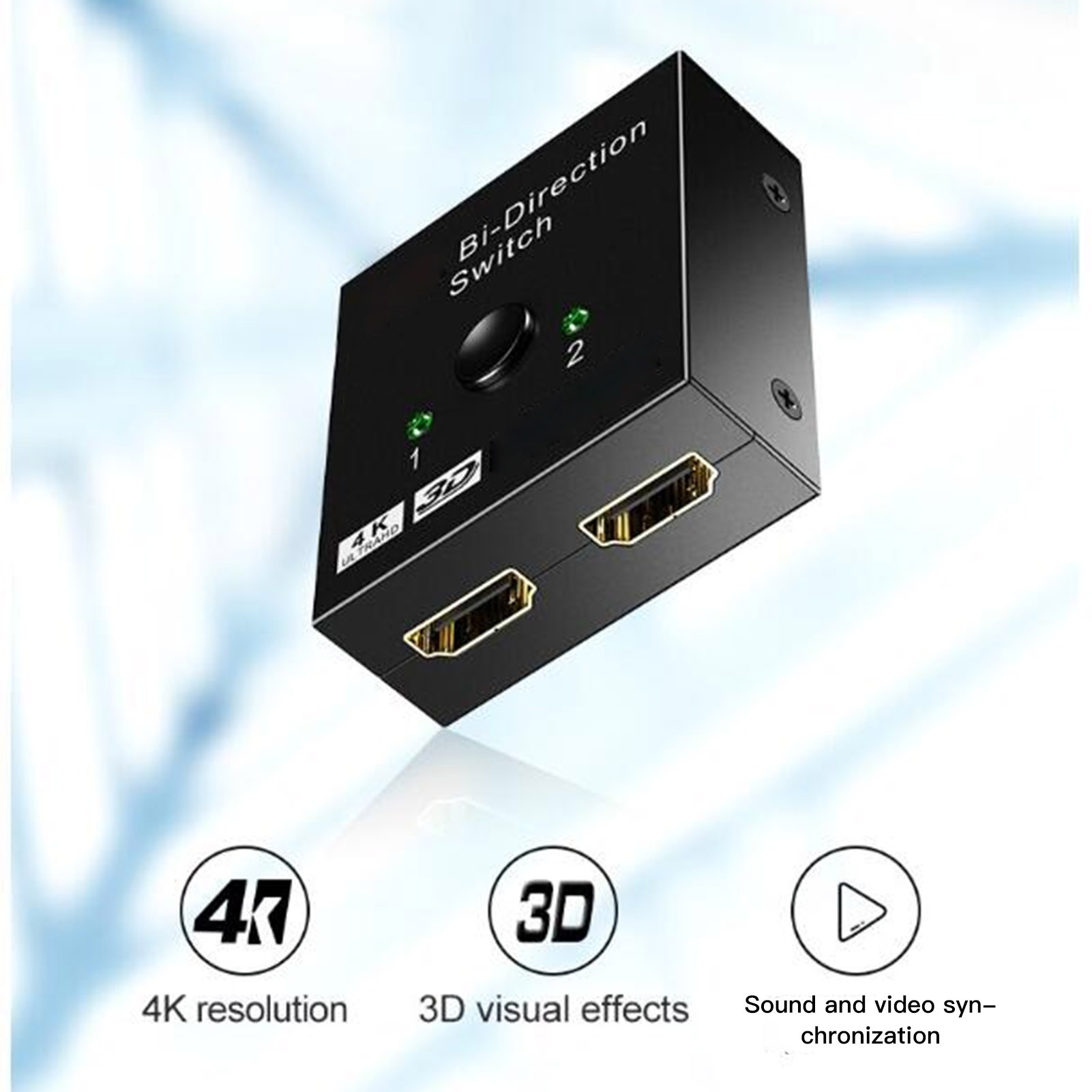 Schwarzer bidirektionaler Schalter mit zwei HDMI-Anschlüssen. Merkmale 4K, 3D und Ton-/Video-Sync-Symbole. Text: Bi-Direction Switch, 1, 2.