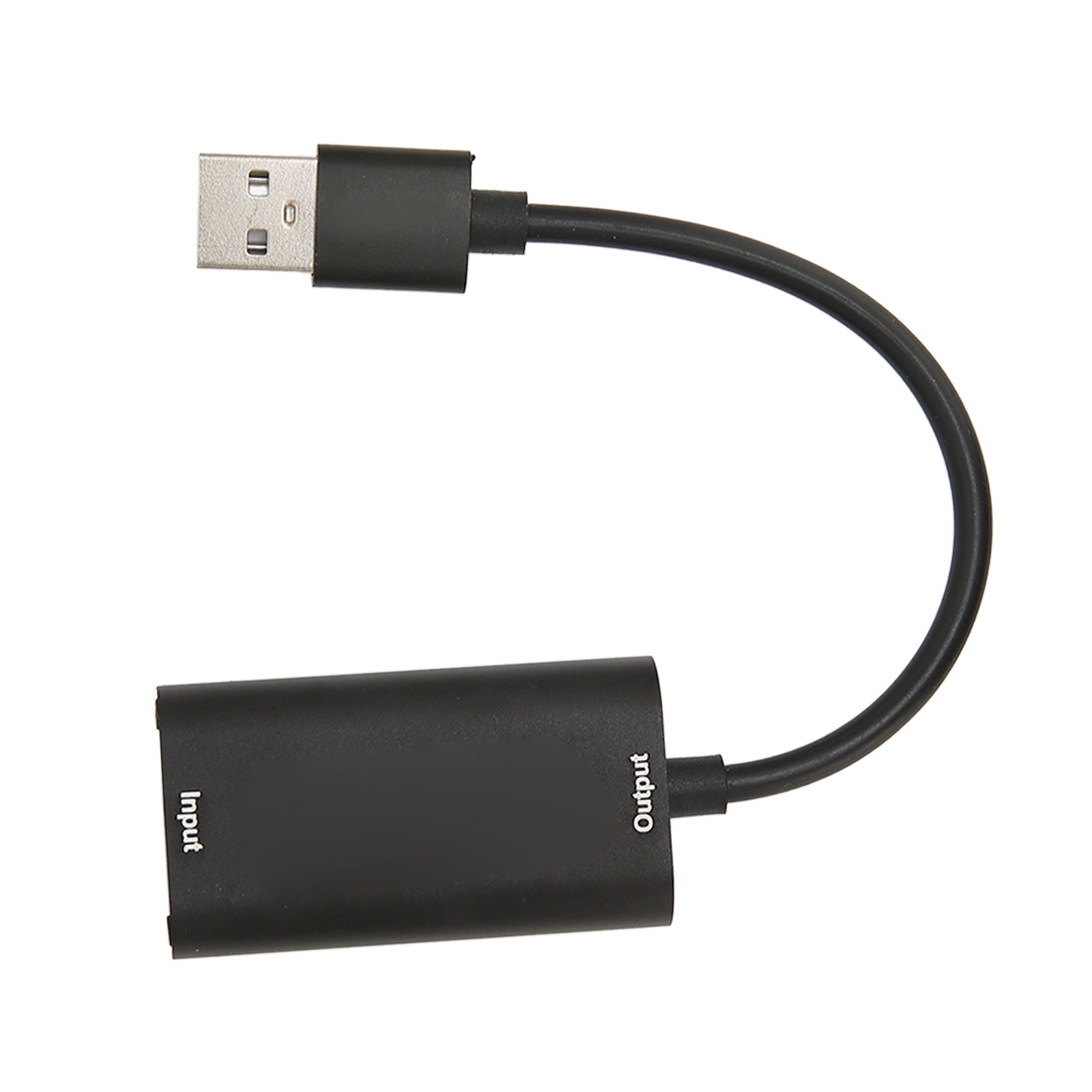 Schwarzer USB-Adapter mit den Aufschriften 'Input' und 'Output'. Er hat einen USB-Anschluss und ein Kabel.