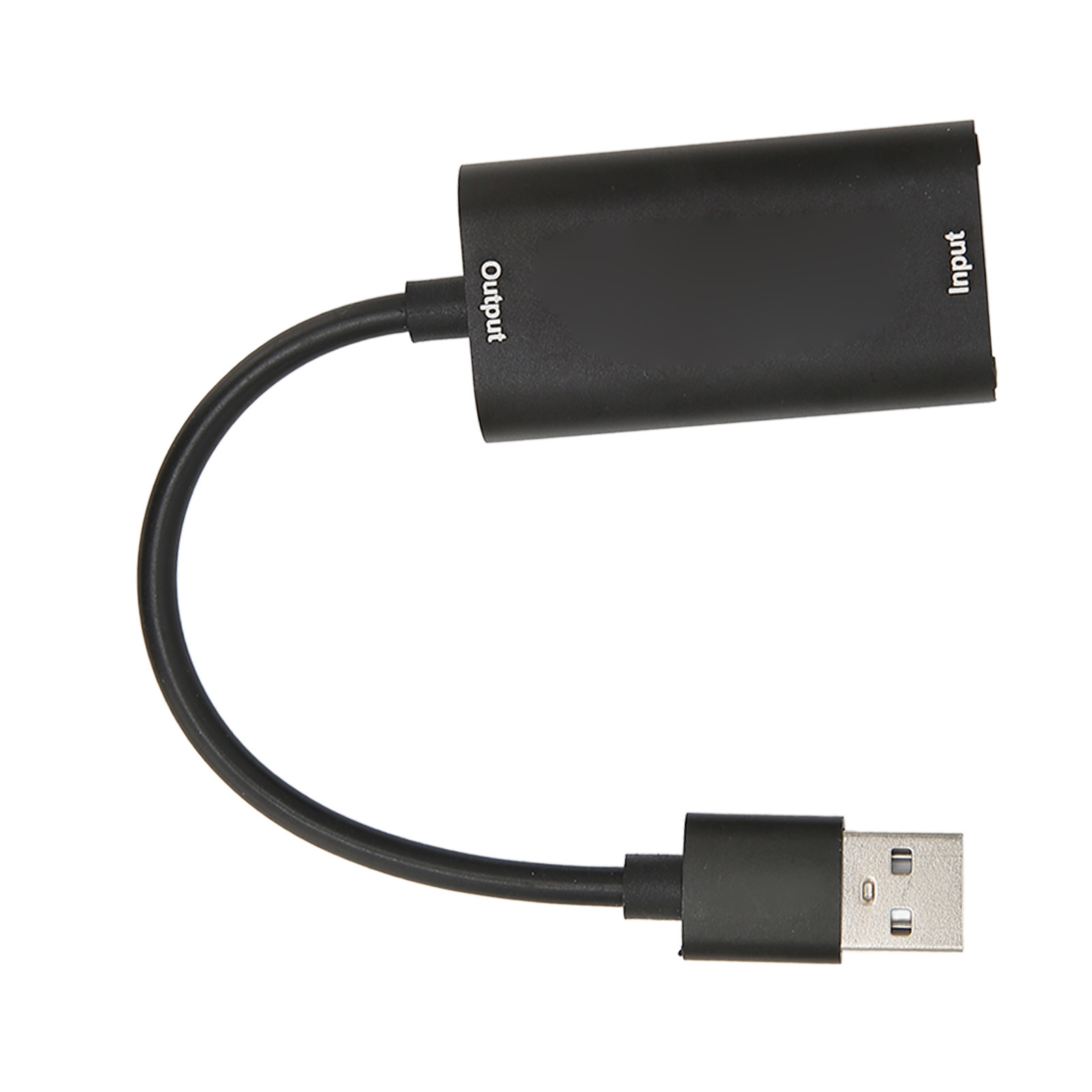 Schwarzer Adapter mit USB- und Ausgangsanschlüssen, verbunden durch ein gebogenes Kabel. Der weiße Hintergrund bietet Kontrast.