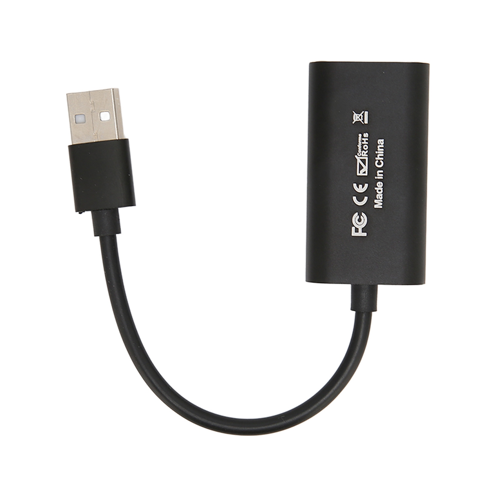 Schwarzer USB-Adapter mit schwarzem Kabel. Der Adapter ist mit einem USB-Anschluss verbunden.