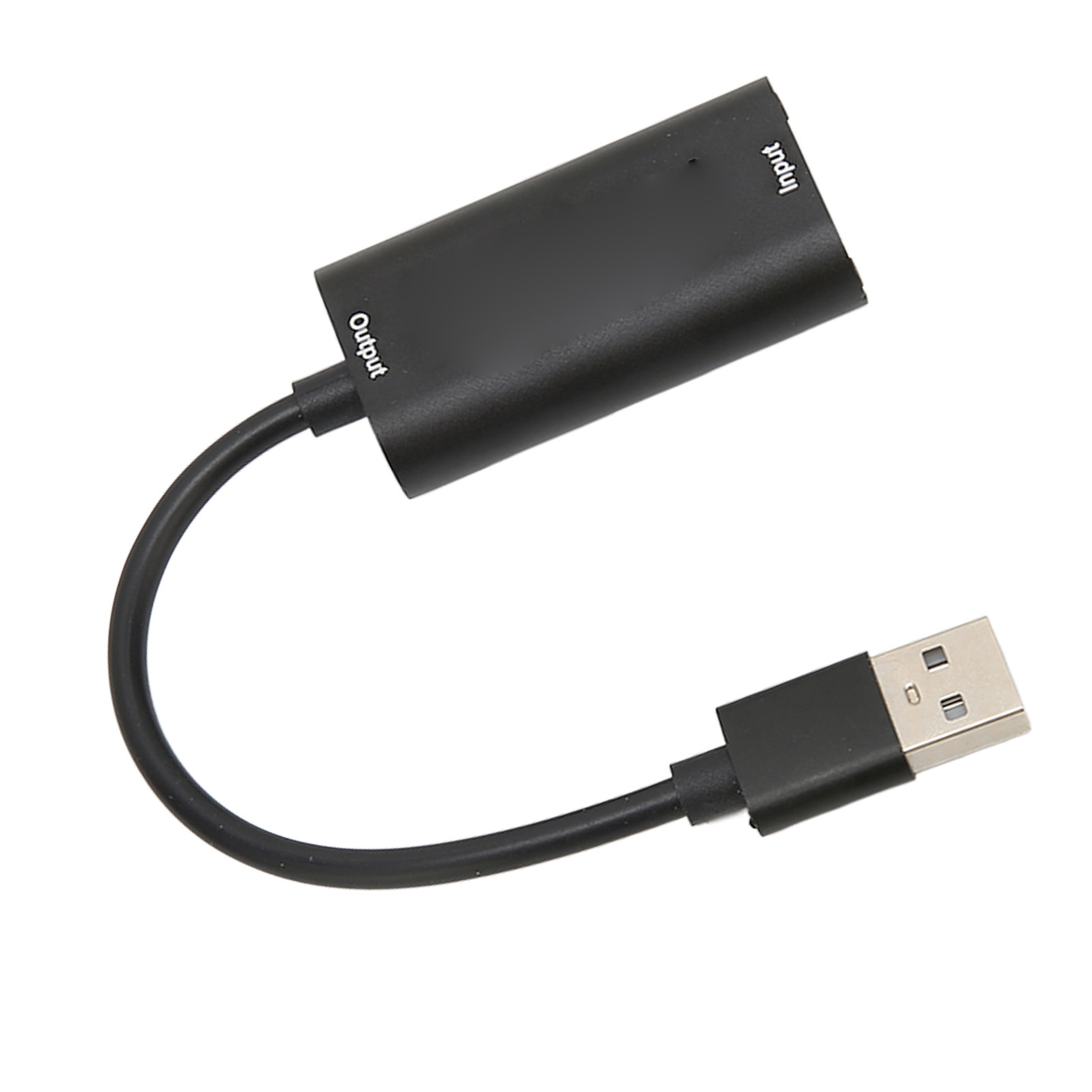 Ein schwarzer USB-Adapter mit den Aufschriften 'Output' und 'Input', verbunden mit einem USB-A-Anschluss.