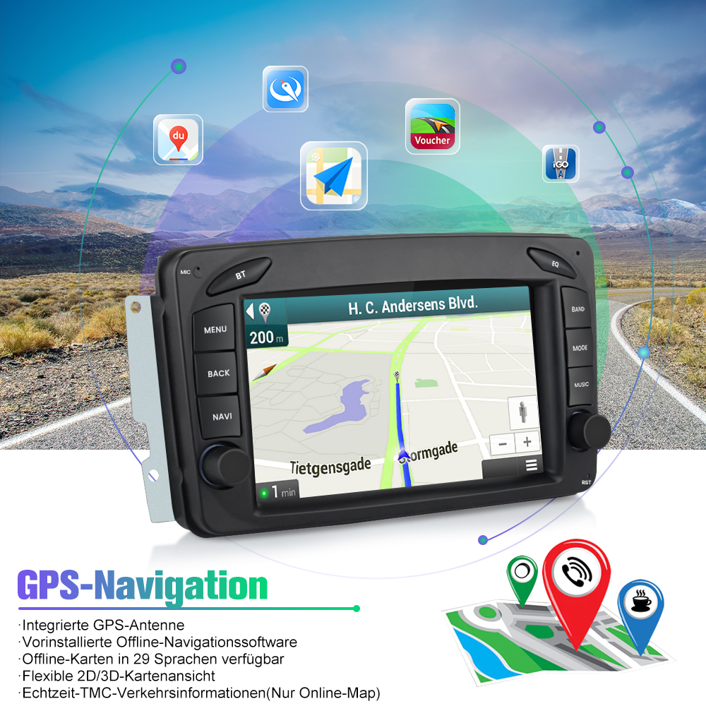 Ekran nawigacji samochodowej wyświetlający mapę. Wokół różne ikony aplikacji. Tekst poniżej brzmi 'GPS-Navigation'.